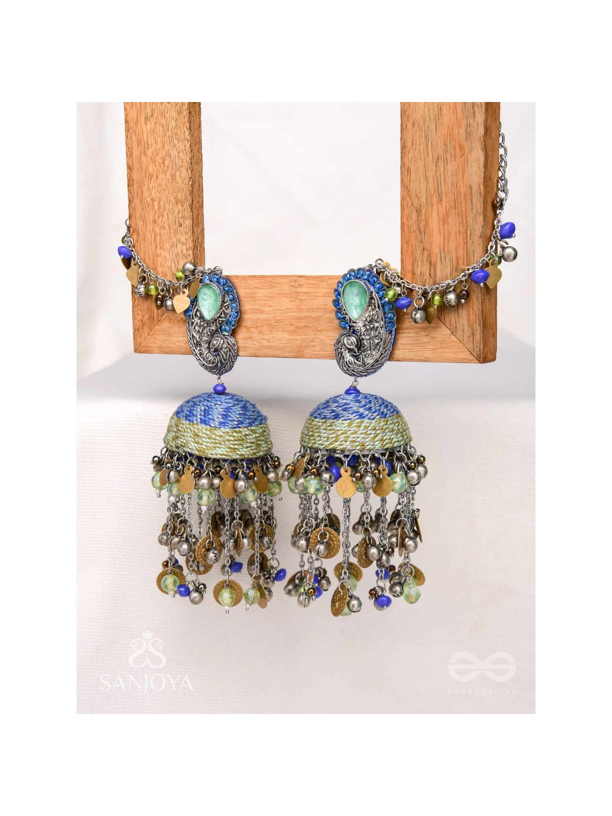 Anugita - Song Of The Sky - Stone, Coins And Beads Hand Embroidered Oxidised Earrings