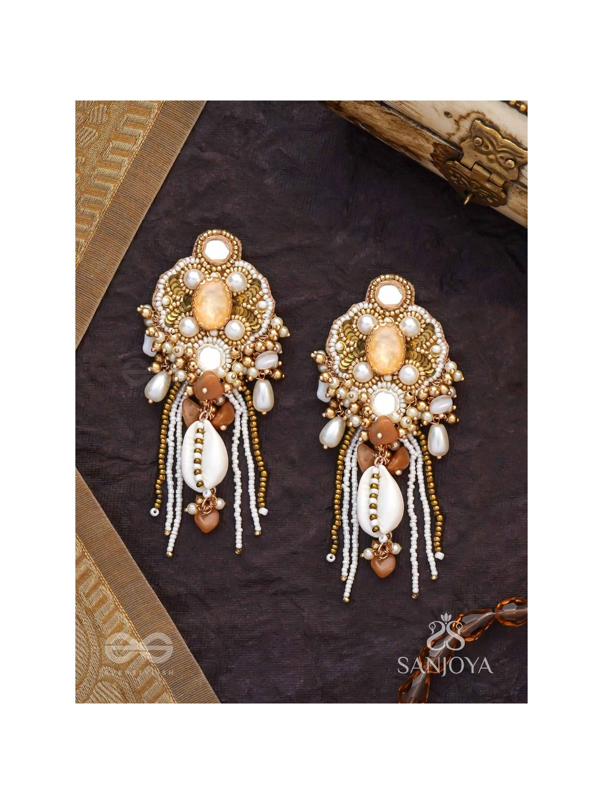 Aadhararoop - Ornament Of Enchantress- Shells, Beads And Pearl Drops Hand Embroidered Earrings