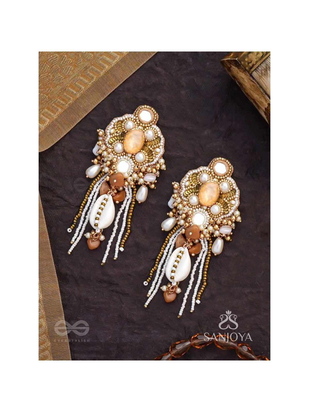 Aadhararoop - Ornament Of Enchantress- Shells, Beads And Pearl Drops Hand Embroidered Earrings