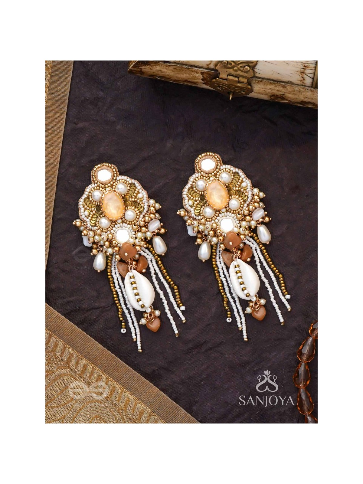 Aadhararoop - Ornament Of Enchantress- Shells, Beads And Pearl Drops Hand Embroidered Earrings