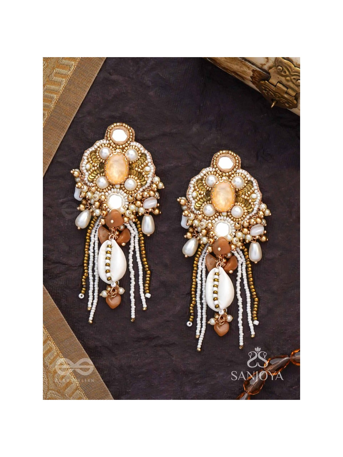 Aadhararoop - Ornament Of Enchantress- Shells, Beads And Pearl Drops Hand Embroidered Earrings