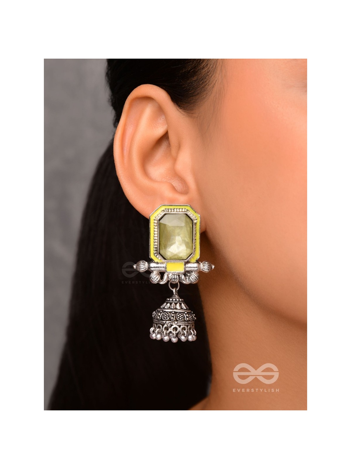 The Green Dahlia - Enamelled Oxidised Jhumka Earrings