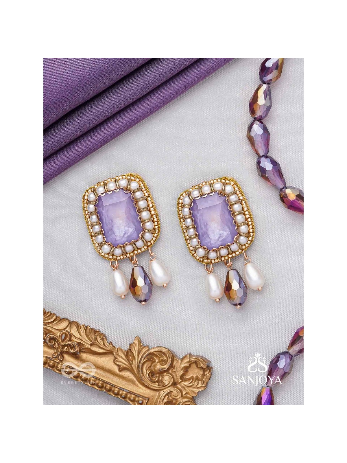 Dhumraruk - The Lavender Love- Stone, Beads, Glass And Pearl Drops Hand Embroidered Earrings