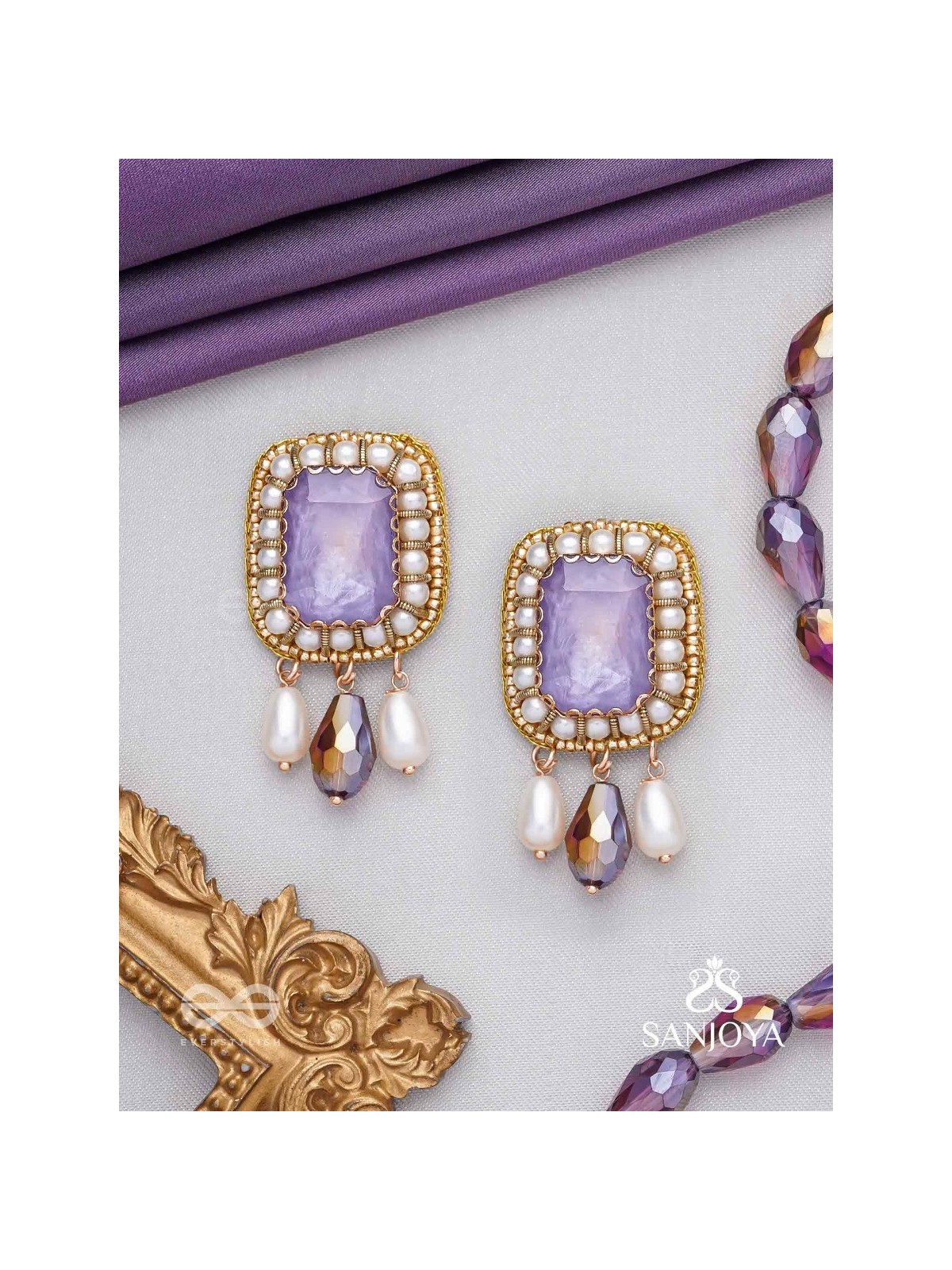 Dhumraruk - The Lavender Love- Stone, Beads, Glass And Pearl Drops Hand Embroidered Earrings