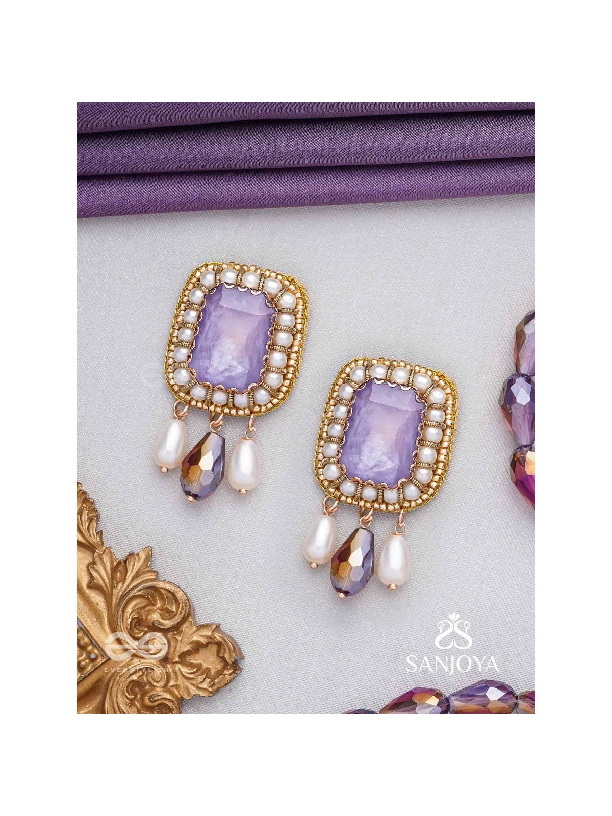 Dhumraruk - The Lavender Love- Stone, Beads, Glass And Pearl Drops Hand Embroidered Earrings