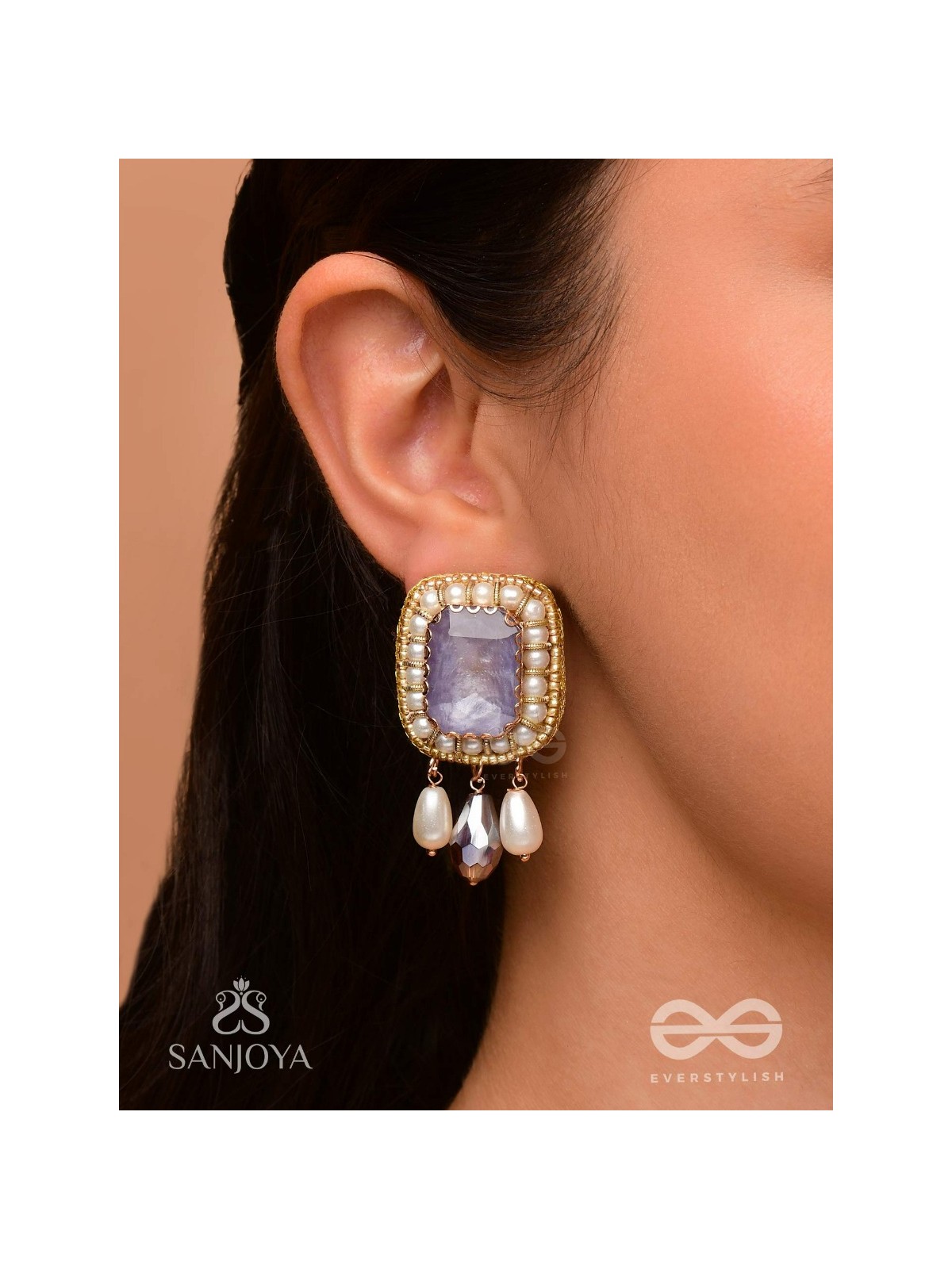 Dhumraruk - The Lavender Love- Stone, Beads, Glass And Pearl Drops Hand Embroidered Earrings