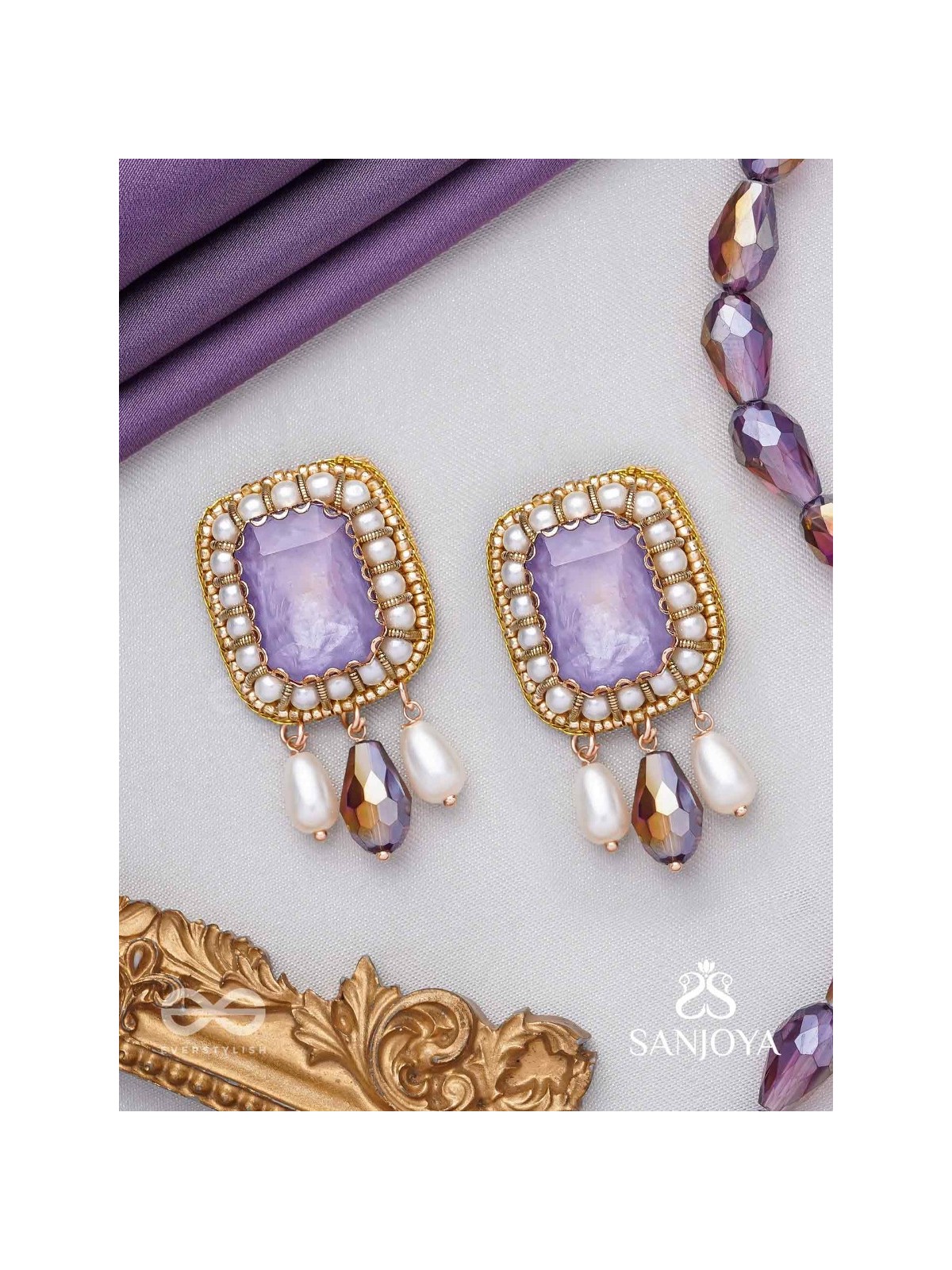 Dhumraruk - The Lavender Love- Stone, Beads, Glass And Pearl Drops Hand Embroidered Earrings