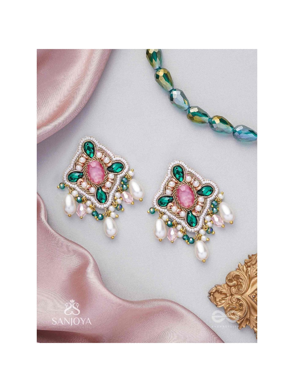 Abhivars - The Early Blossoms - Beads, Pearls And Stone Hand Embroidered Earrings