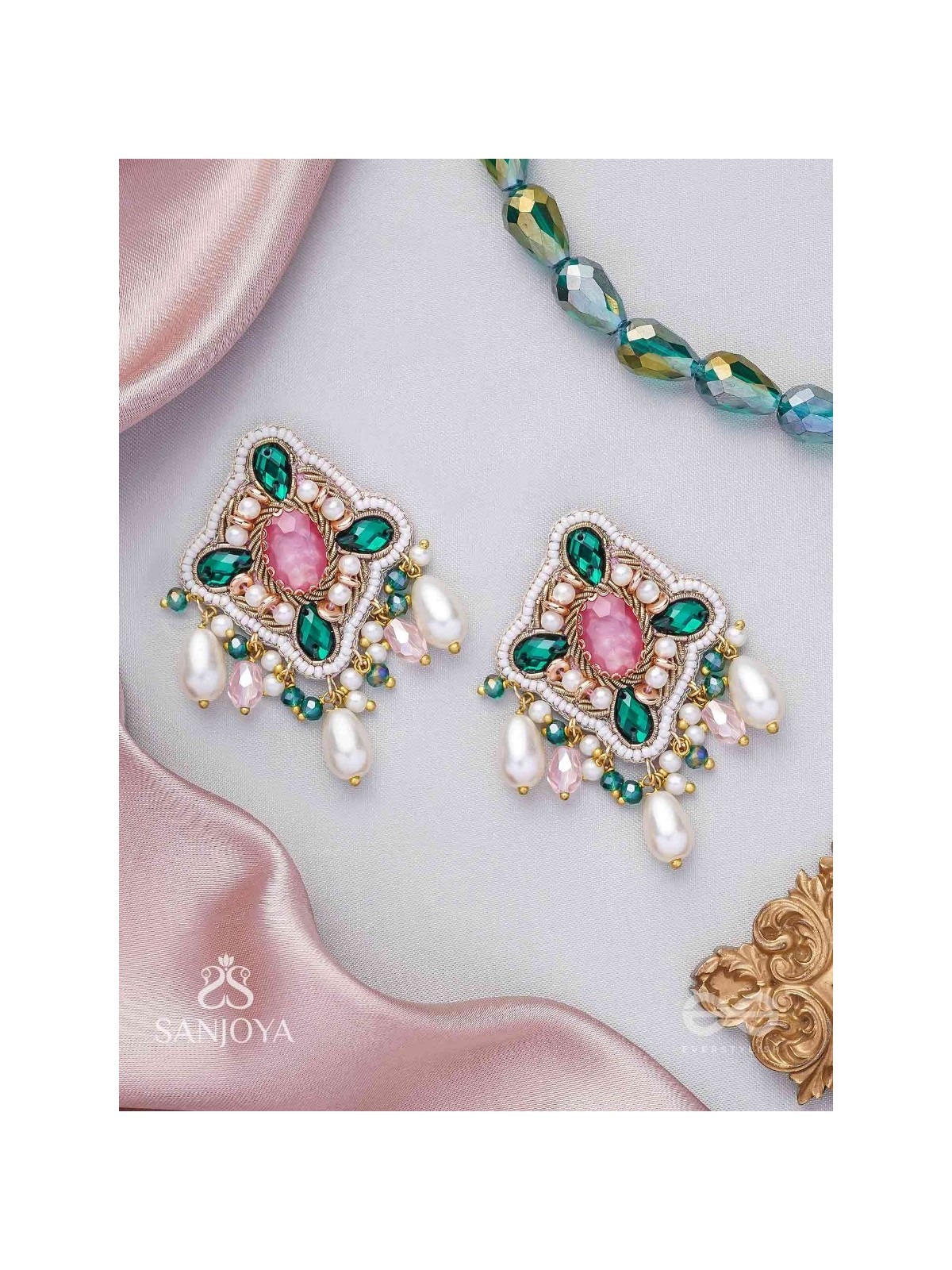 Abhivars - The Early Blossoms - Beads, Pearls And Stone Hand Embroidered Earrings