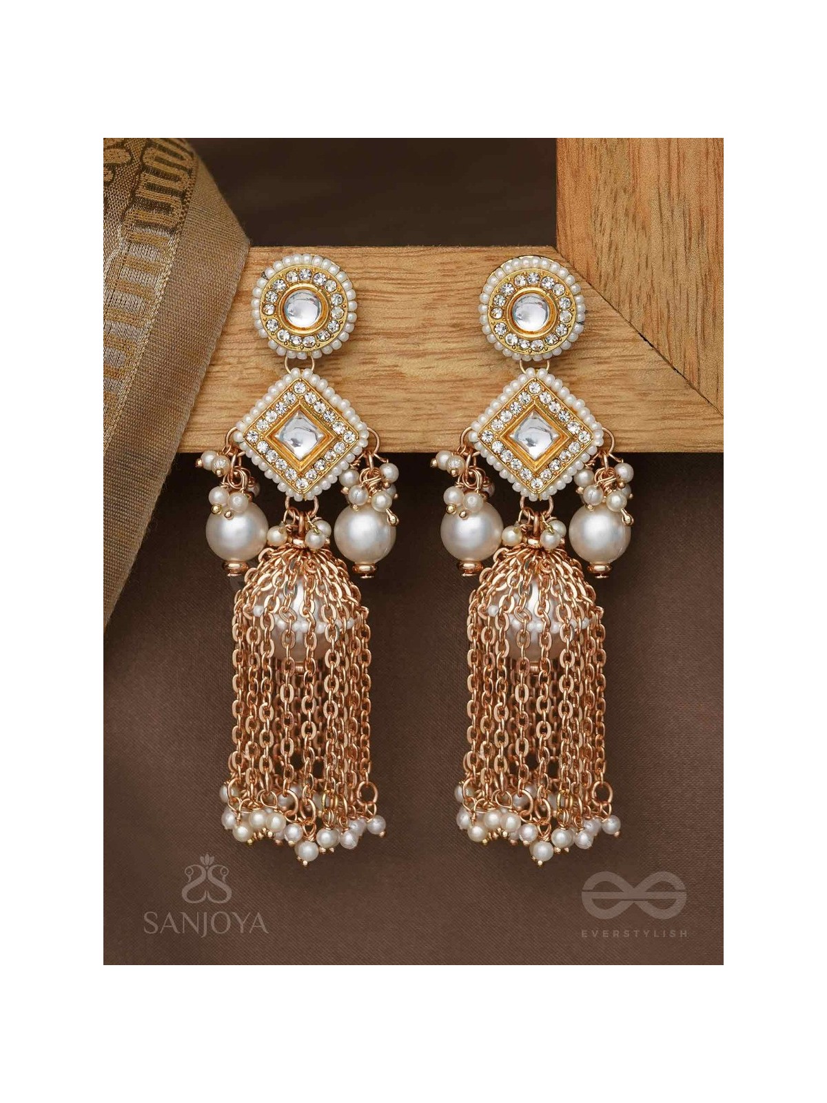 Tolaka - Seashell Mirage - Beads, Kundan And Polki Finished Hand Embroidered Earrings
