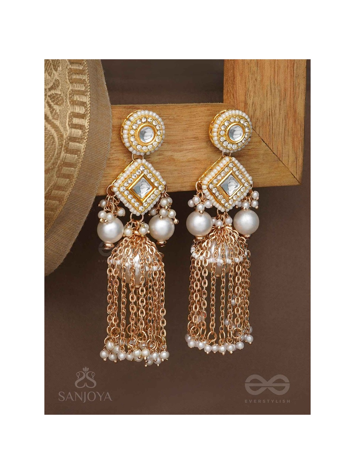 Tolaka - Seashell Mirage - Beads, Kundan And Polki Finished Hand Embroidered Earrings