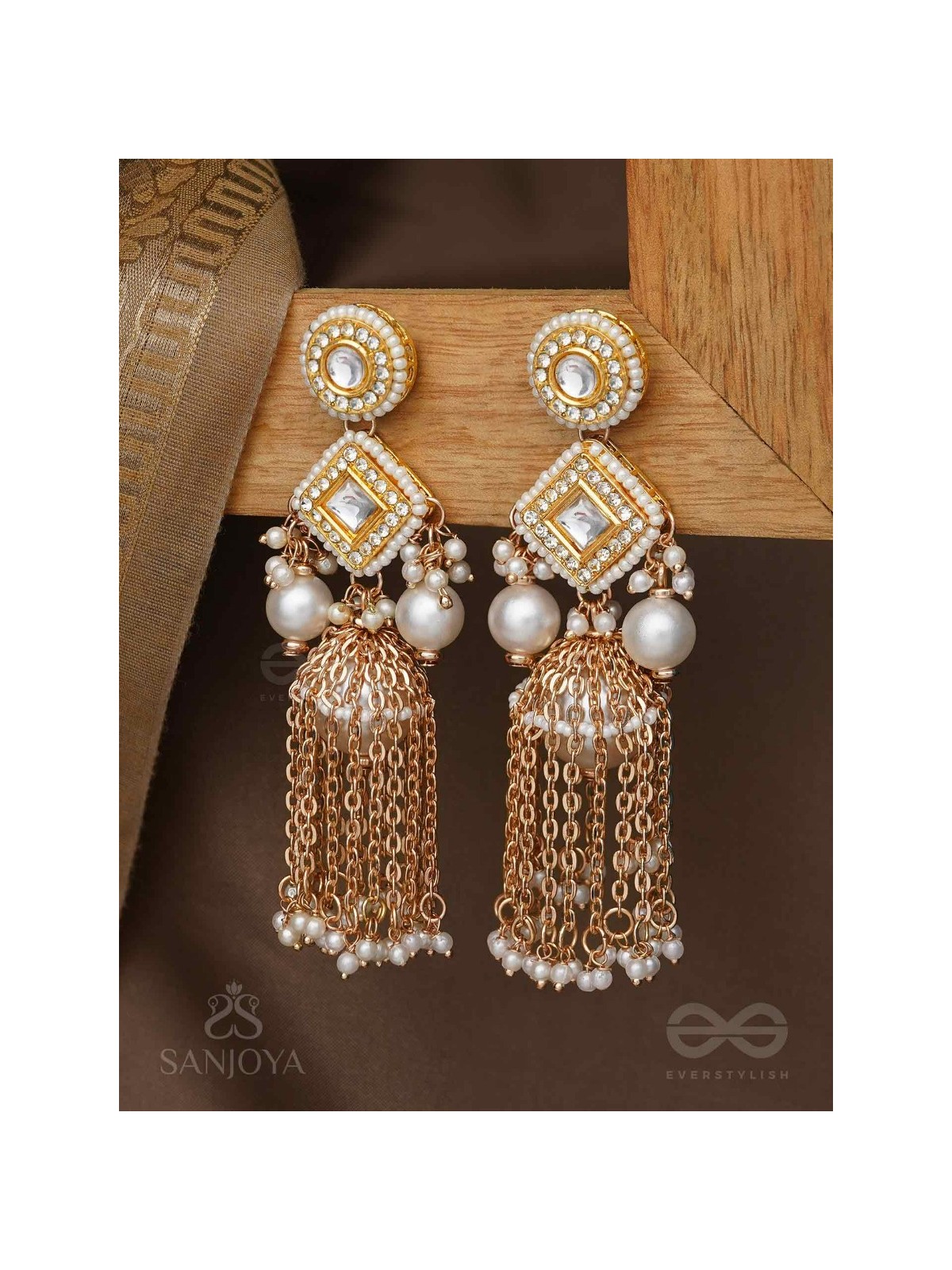 Tolaka - Seashell Mirage - Beads, Kundan And Polki Finished Hand Embroidered Earrings