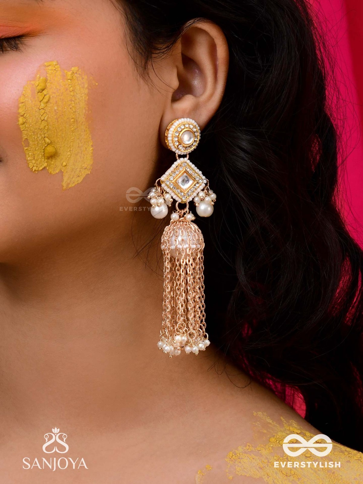 Tolaka - Seashell Mirage - Beads, Kundan And Polki Finished Hand Embroidered Earrings