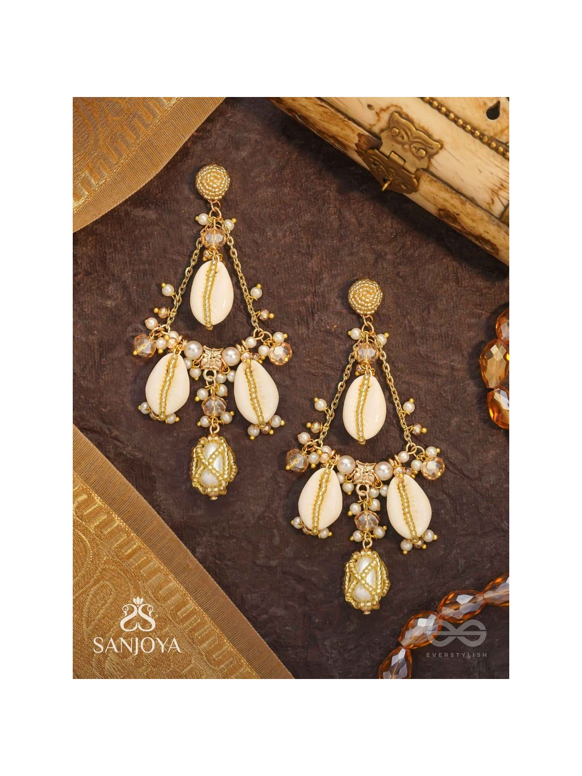 Varnaka - Sunlit Shell Charms - Beads And Shells Hand Embroidered Earrings