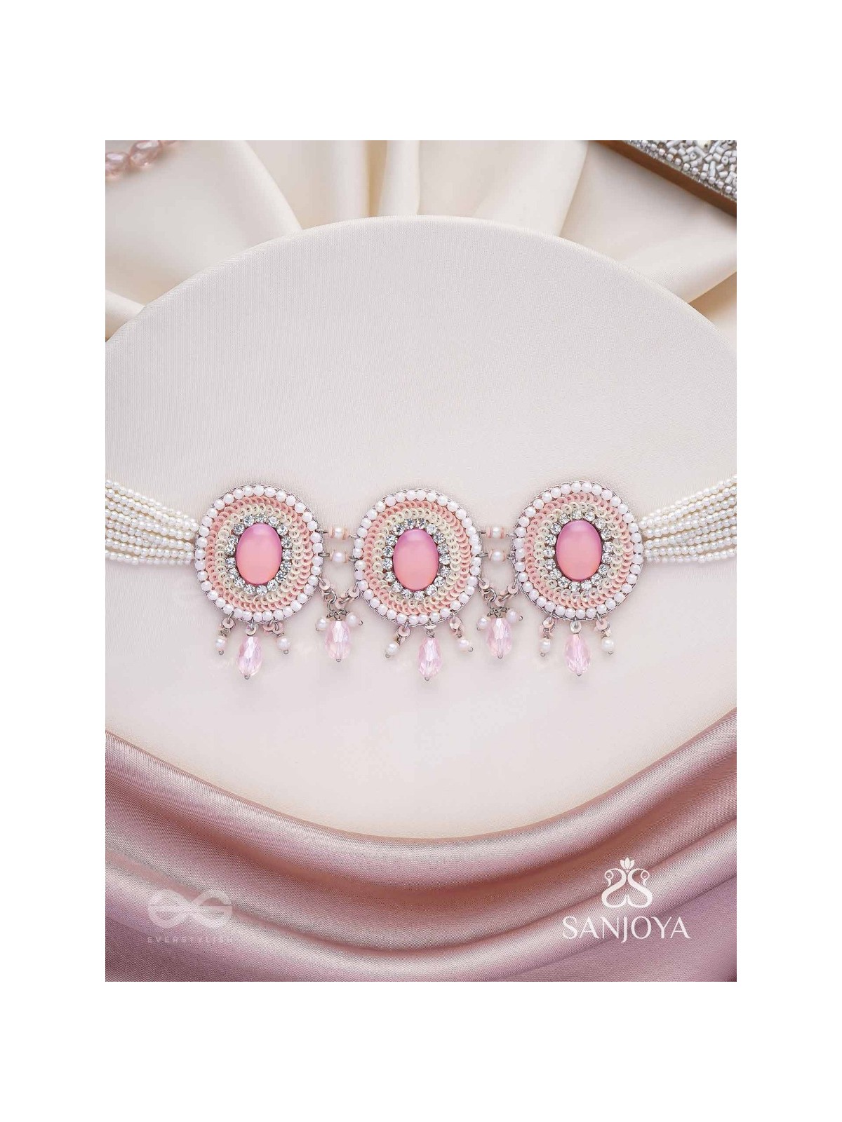 Nishru - Life In Spring - Stones, Glass Drops And Beads Hand Embroidered Neckpiece