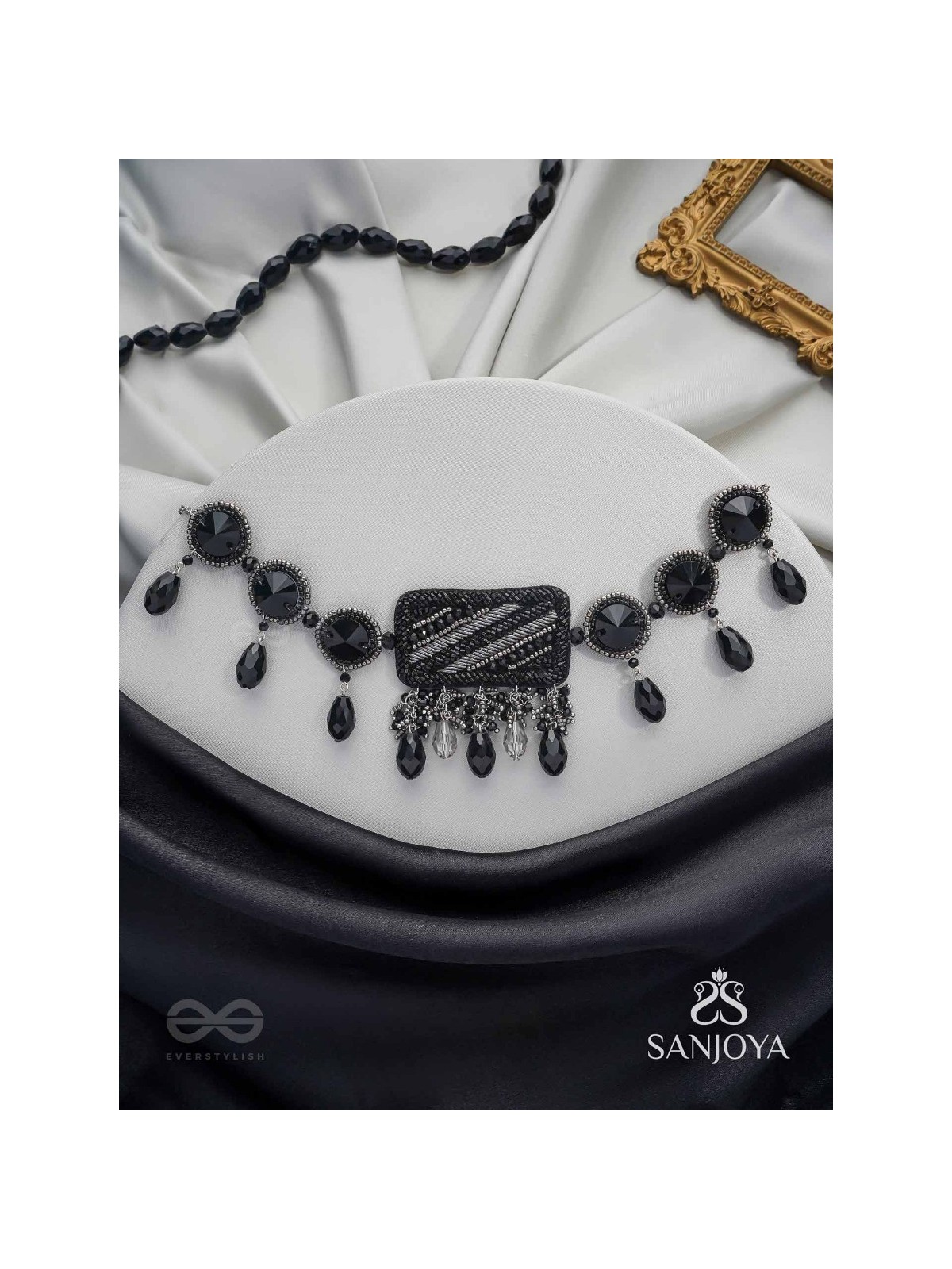 Anjyeta - Starry Nights - Beads, Cutdana And Glass Drops Hand Embroidered Neckpiece