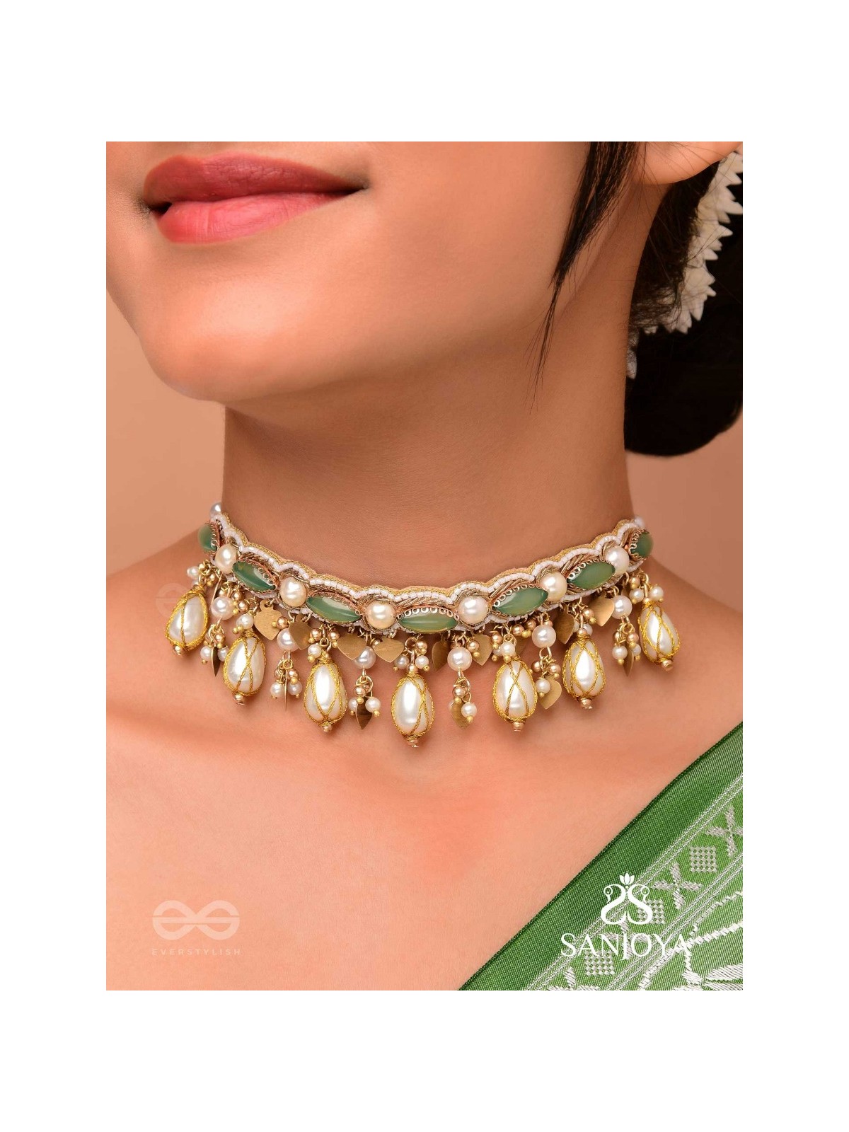 Haridvarna - Gilded Meadow Finery - Pearls, Stones And Beads Hand Embroidered Neckpiece