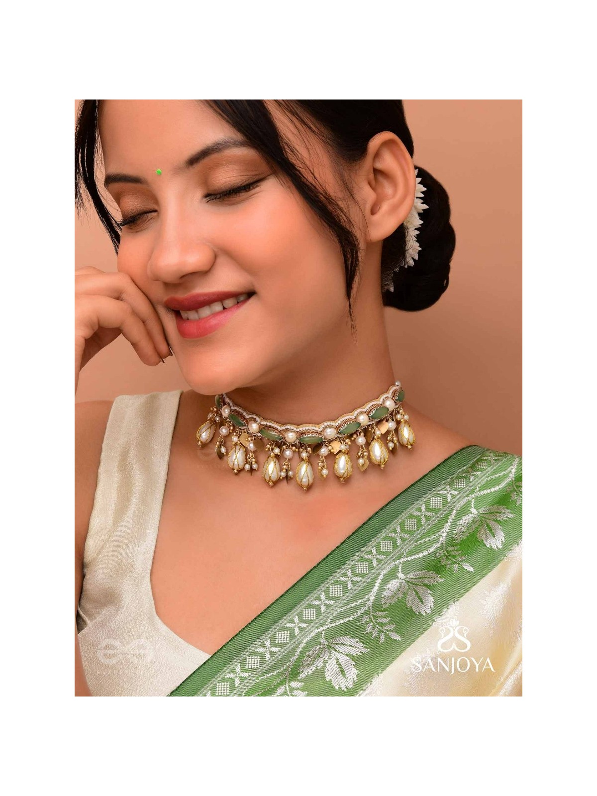 Haridvarna - Gilded Meadow Finery - Pearls, Stones And Beads Hand Embroidered Neckpiece