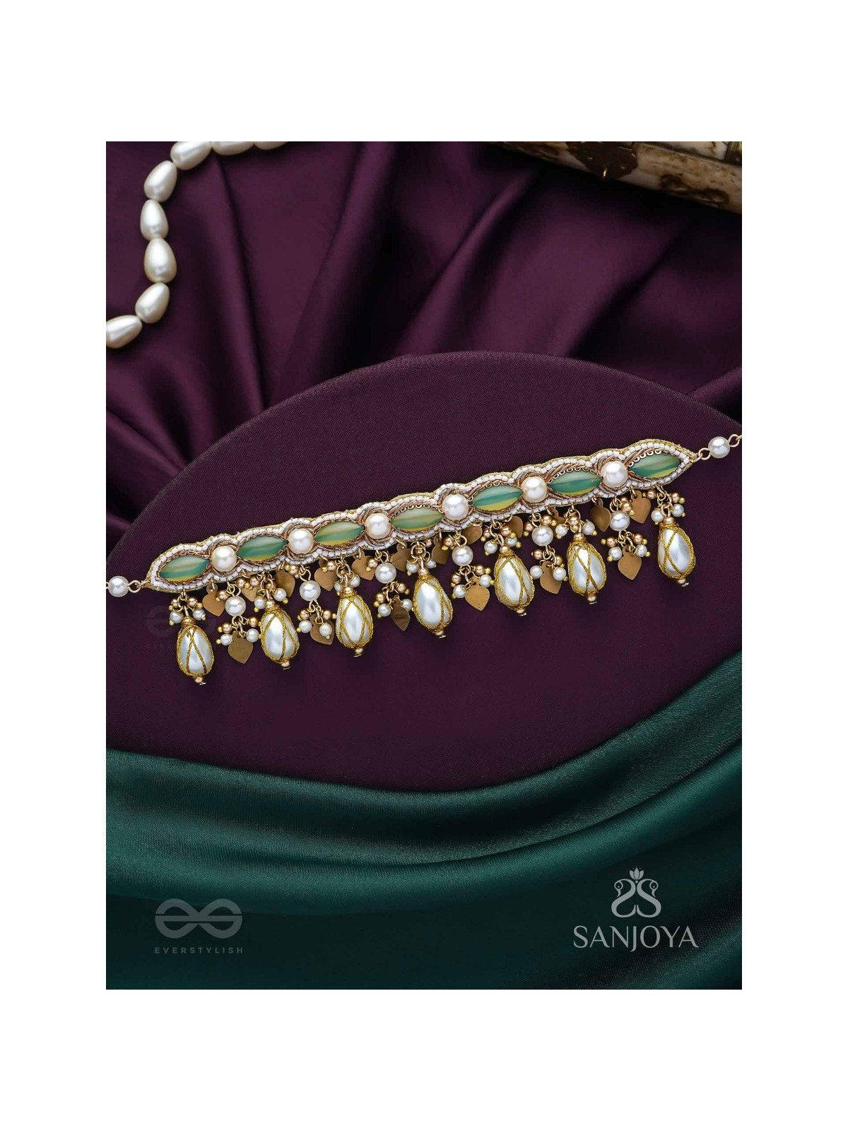 Haridvarna - Gilded Meadow Finery - Pearls, Stones And Beads Hand Embroidered Neckpiece