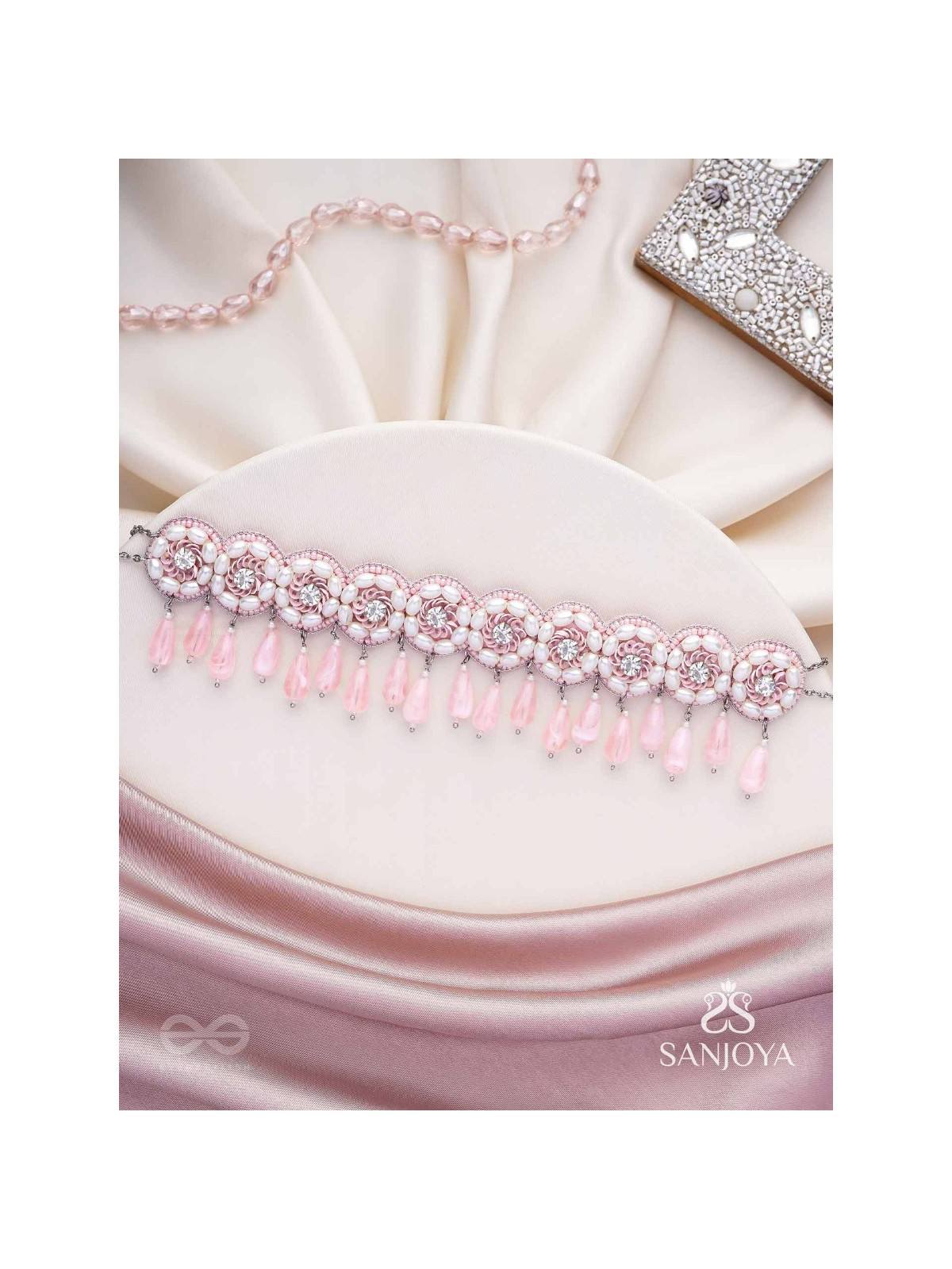 Aravindini - The Love Rose - Stone, Beads And Glass Drops Hand Embroidered Neckpiece