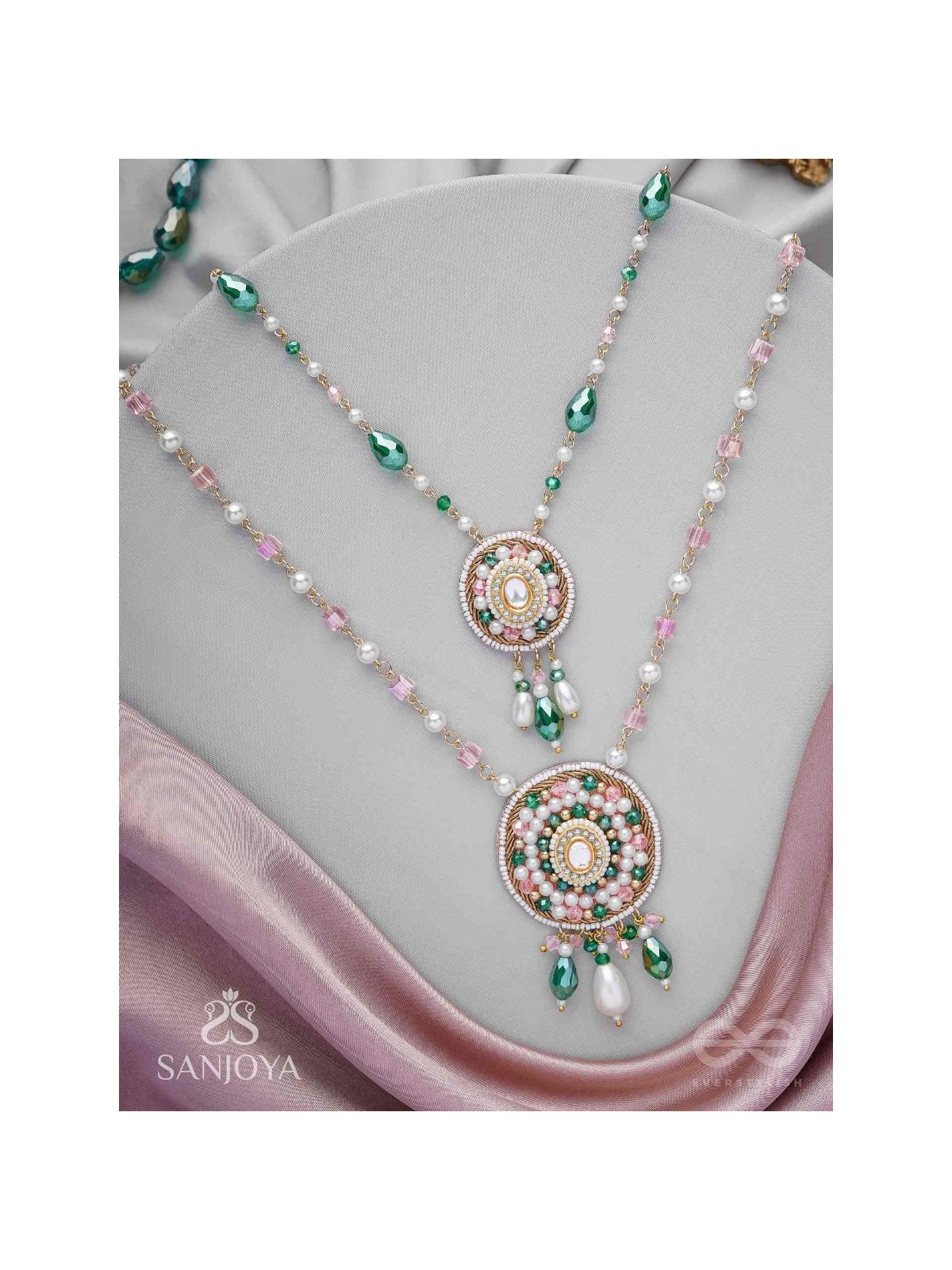 Madana - Season Of Spring - Beads, Glass Drops, Polki And Kundan Finished Hand Embroidered Neckpiece