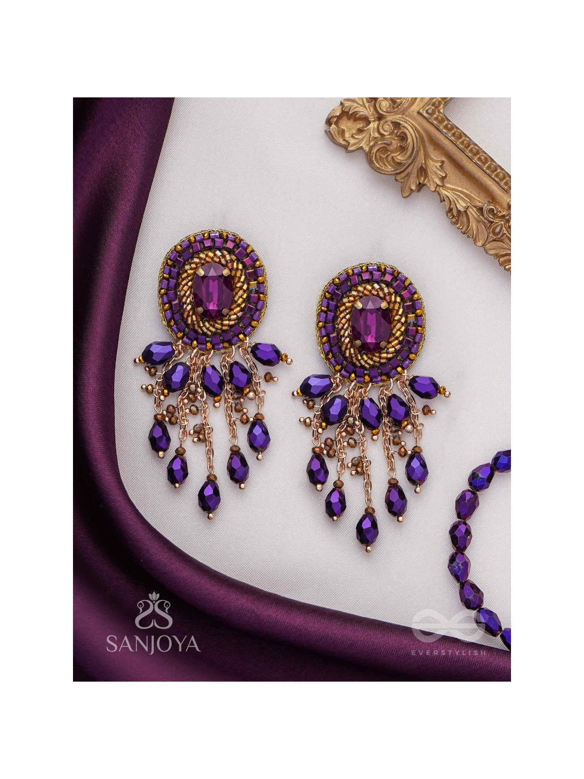 Anisam - The Shining Night - Stone, Beads And Glass Drops Hand Embroidered Earrings