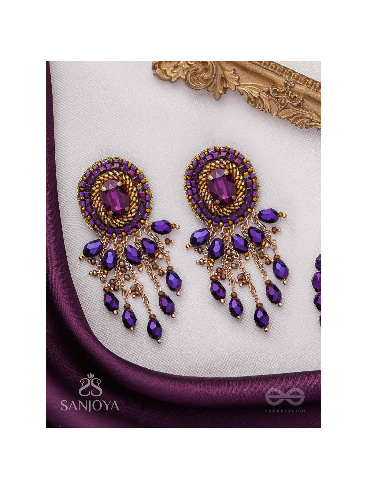 Anisam - The Shining Night - Stone, Beads And Glass Drops Hand Embroidered Earrings
