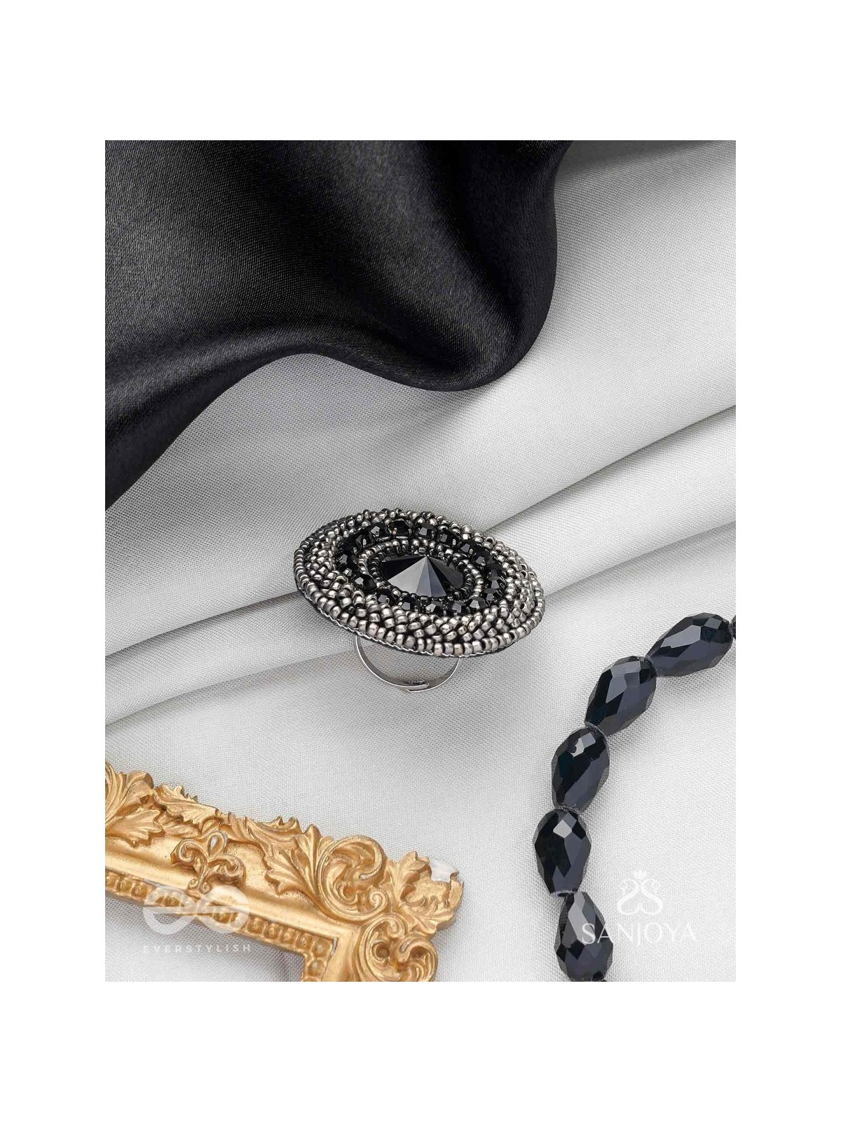 Amavasya - The New Moon Night - Stone And Beads Hand Embroidered Ring