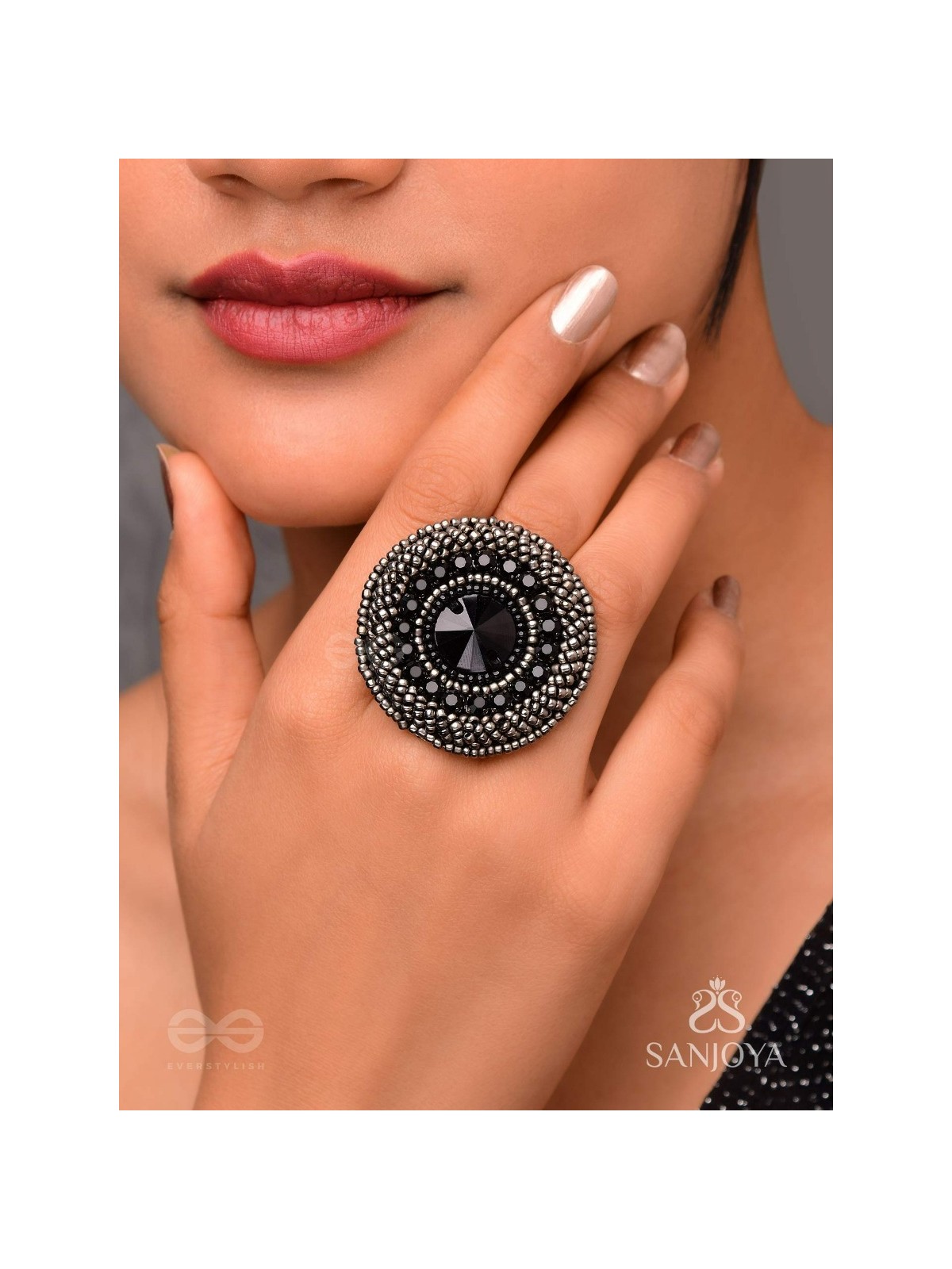 Amavasya - The New Moon Night - Stone And Beads Hand Embroidered Ring