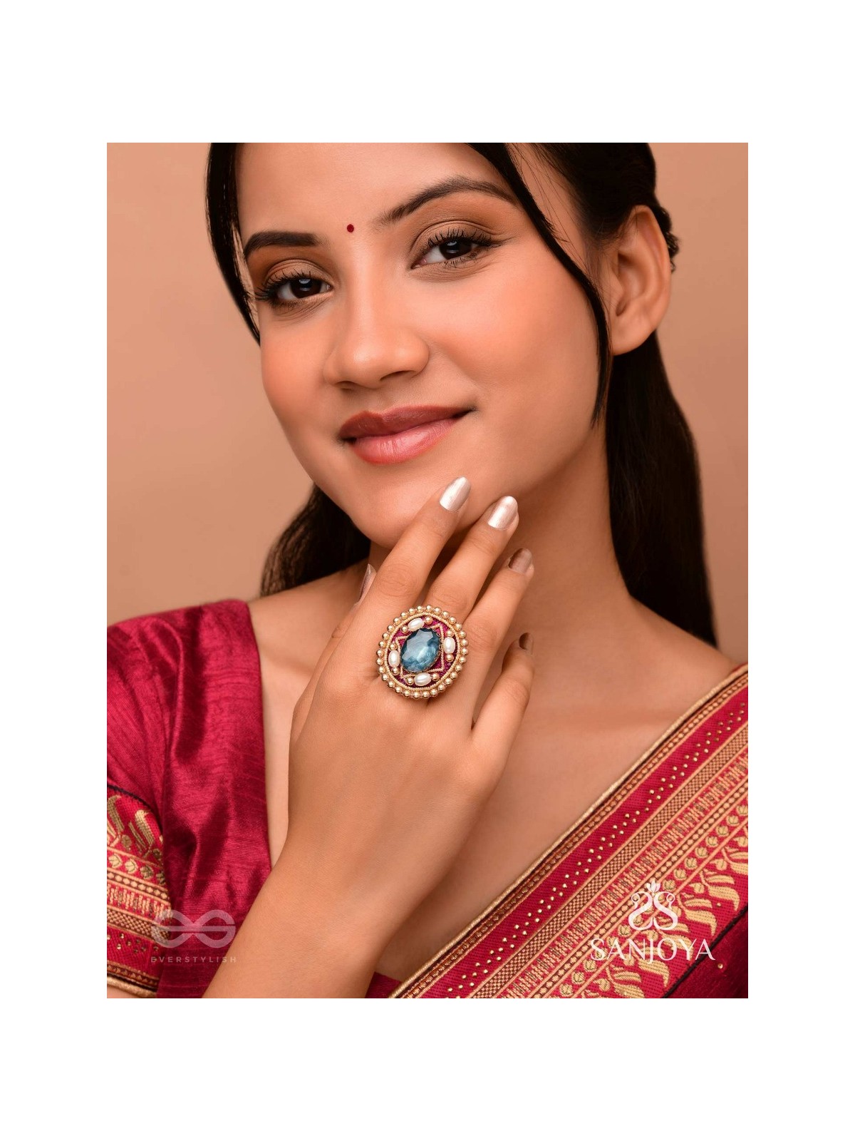 Vaibhraja - Stellar Shimmer - Stone And Beads Hand Embroidered Ring (Adjustable)