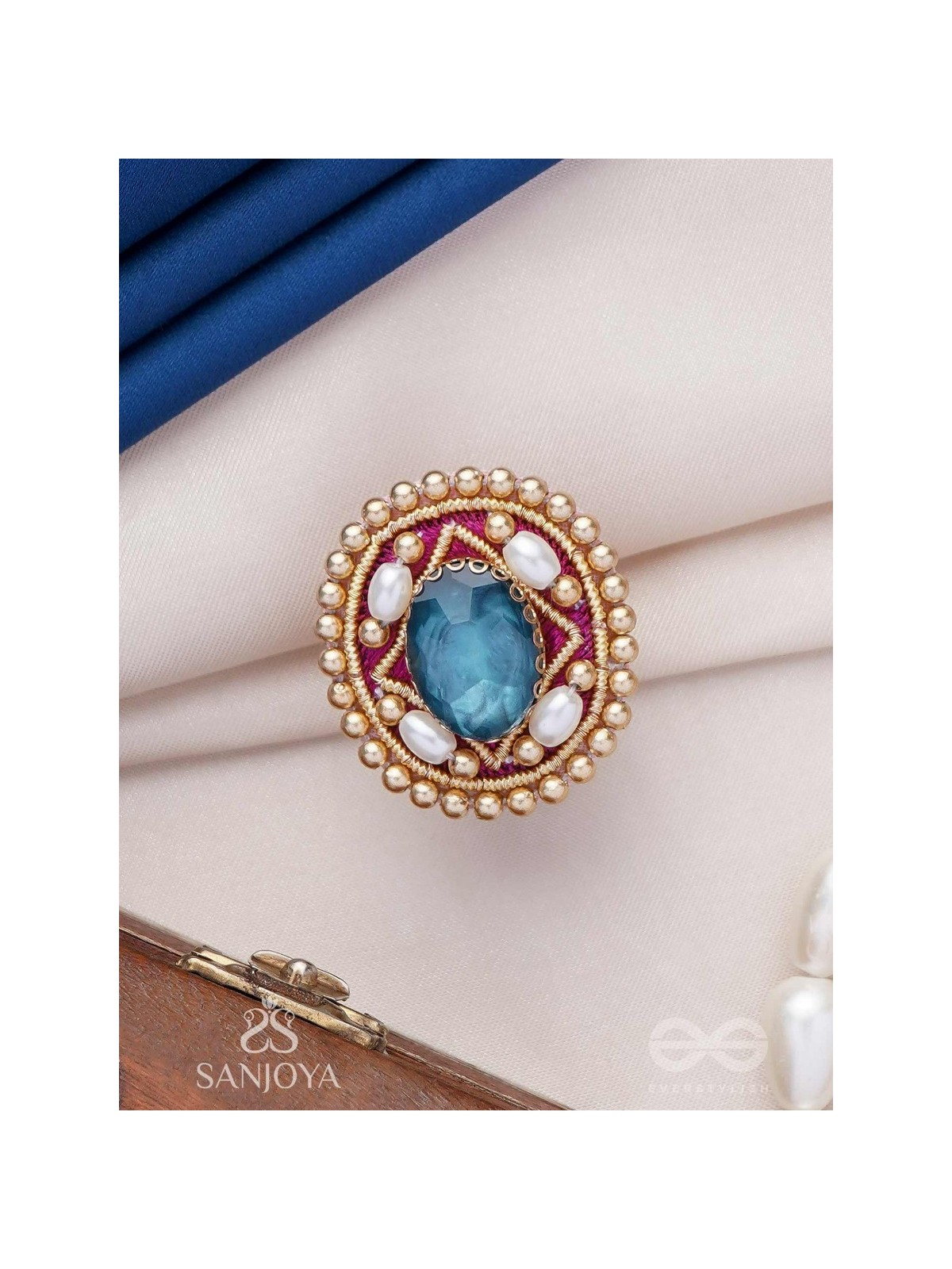 Vaibhraja - Stellar Shimmer - Stone And Beads Hand Embroidered Ring (Adjustable)