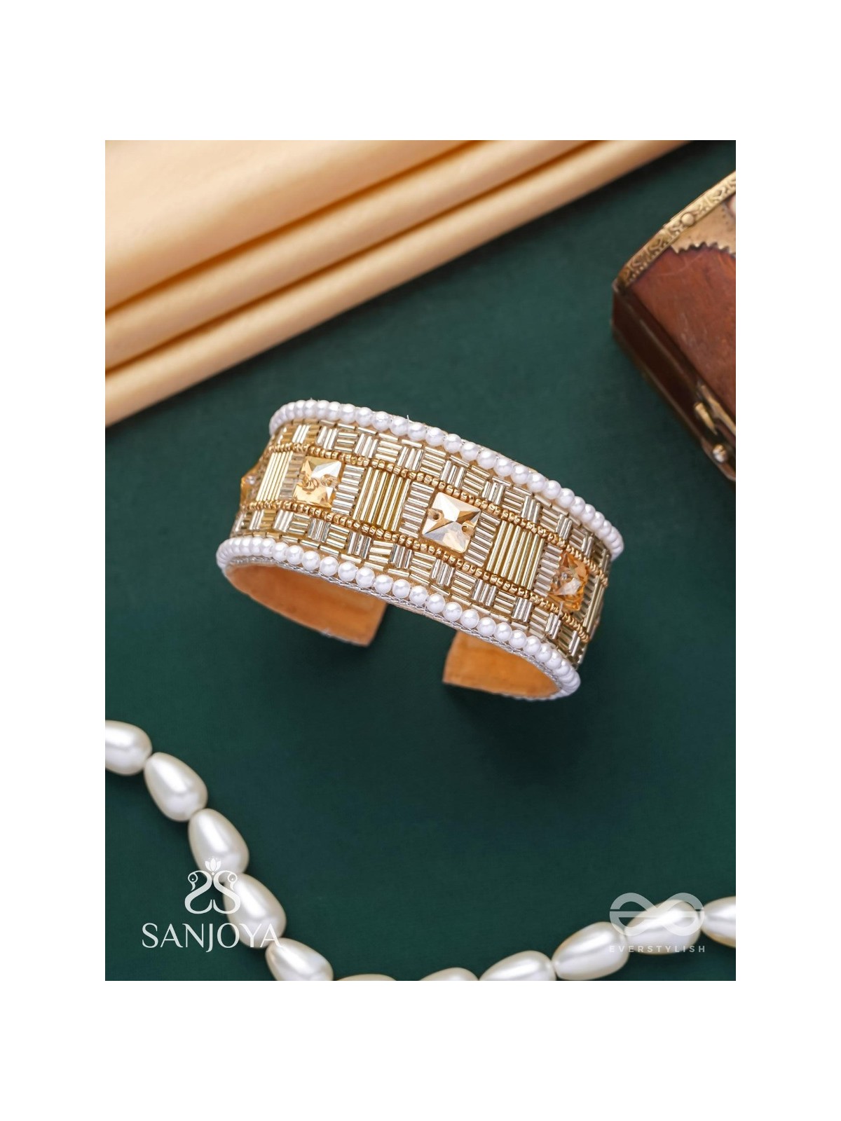 Sthagara - The Golden Hour - Stone, Cutdana And Beads Hand Embroidered Cuff Bracelet