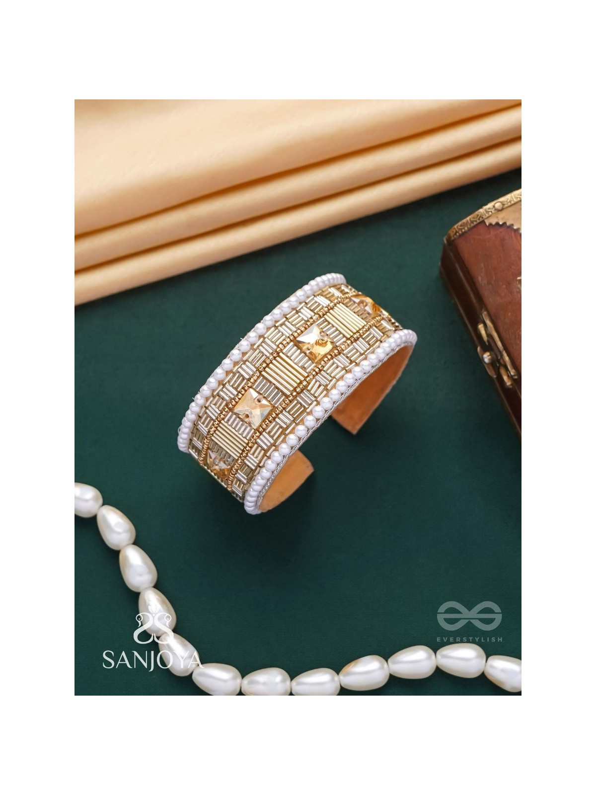 Sthagara - The Golden Hour - Stone, Cutdana And Beads Hand Embroidered Cuff Bracelet