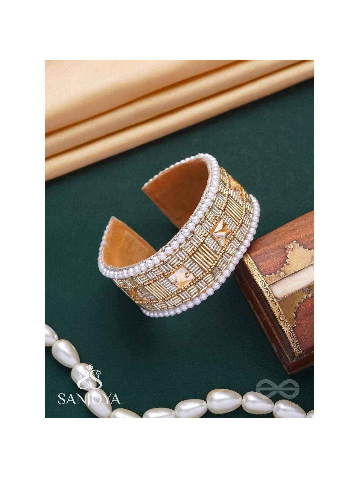 Sthagara - The Golden Hour - Stone, Cutdana And Beads Hand Embroidered Cuff Bracelet