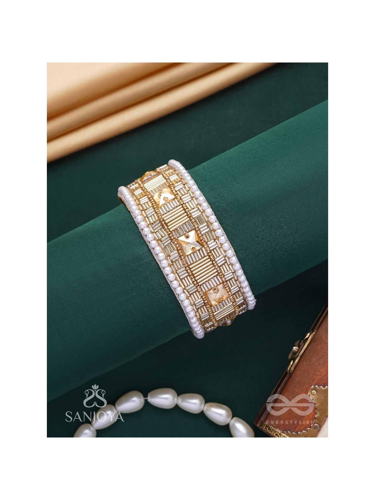 Sthagara - The Golden Hour - Stone, Cutdana And Beads Hand Embroidered Cuff Bracelet