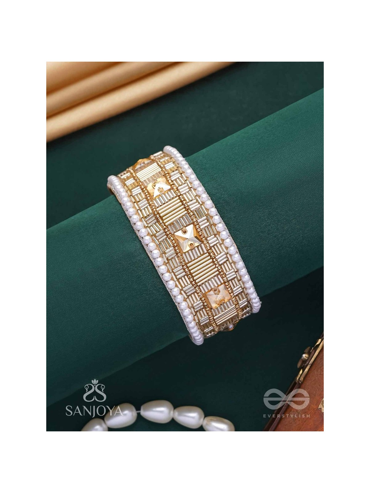 Sthagara - The Golden Hour - Stone, Cutdana And Beads Hand Embroidered Cuff Bracelet