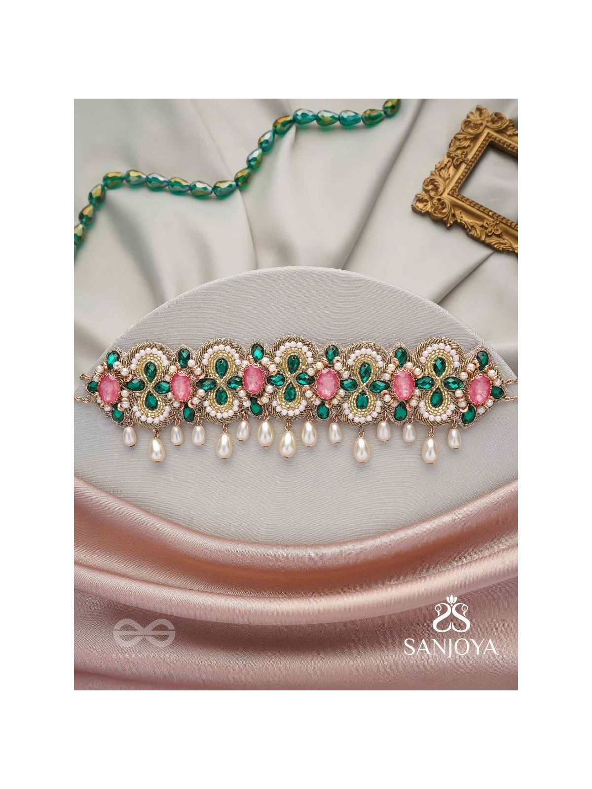 Nalikini - The Emerald Bloom - Stone, Beads And Pearl Drops Hand Embroidered Neckpiece