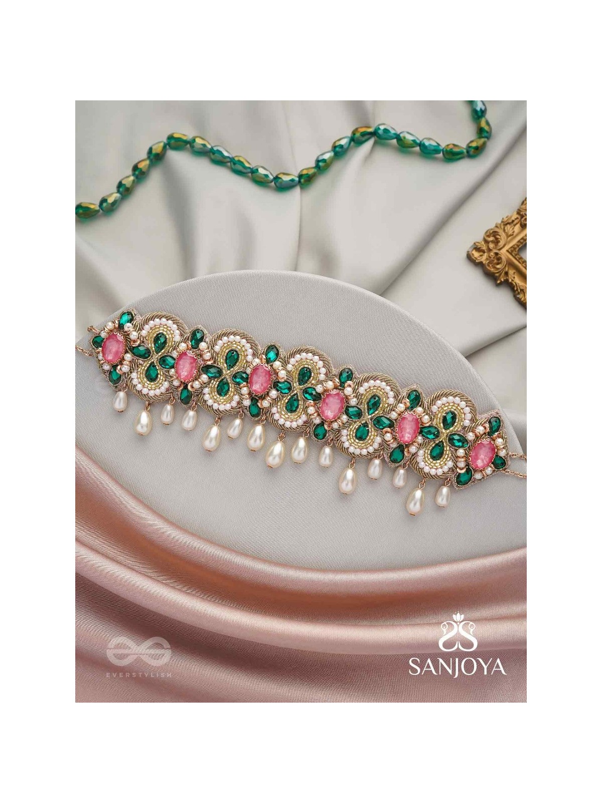 Nalikini - The Emerald Bloom - Stone, Beads And Pearl Drops Hand Embroidered Neckpiece