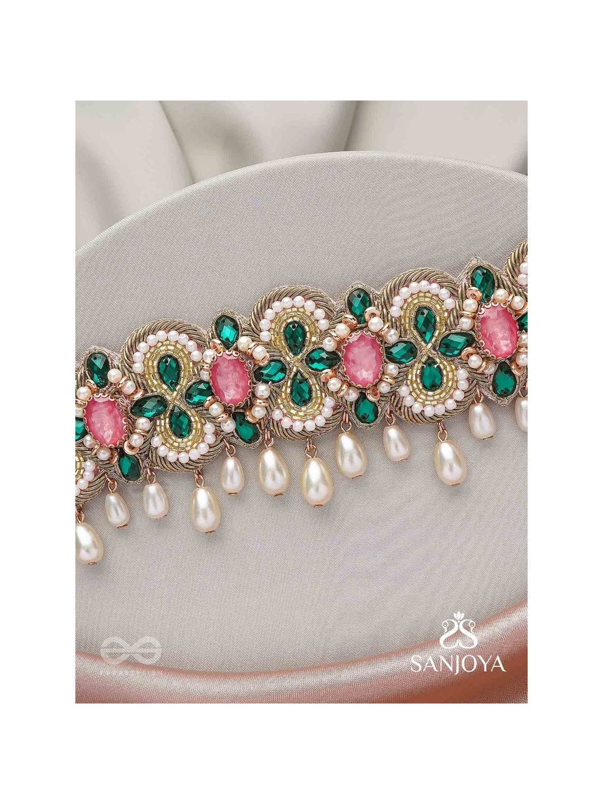 Nalikini - The Emerald Bloom - Stone, Beads And Pearl Drops Hand Embroidered Neckpiece