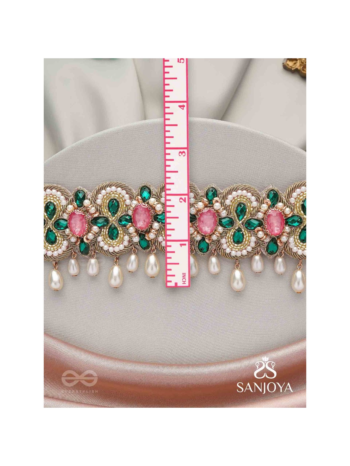 Nalikini - The Emerald Bloom - Stone, Beads And Pearl Drops Hand Embroidered Neckpiece