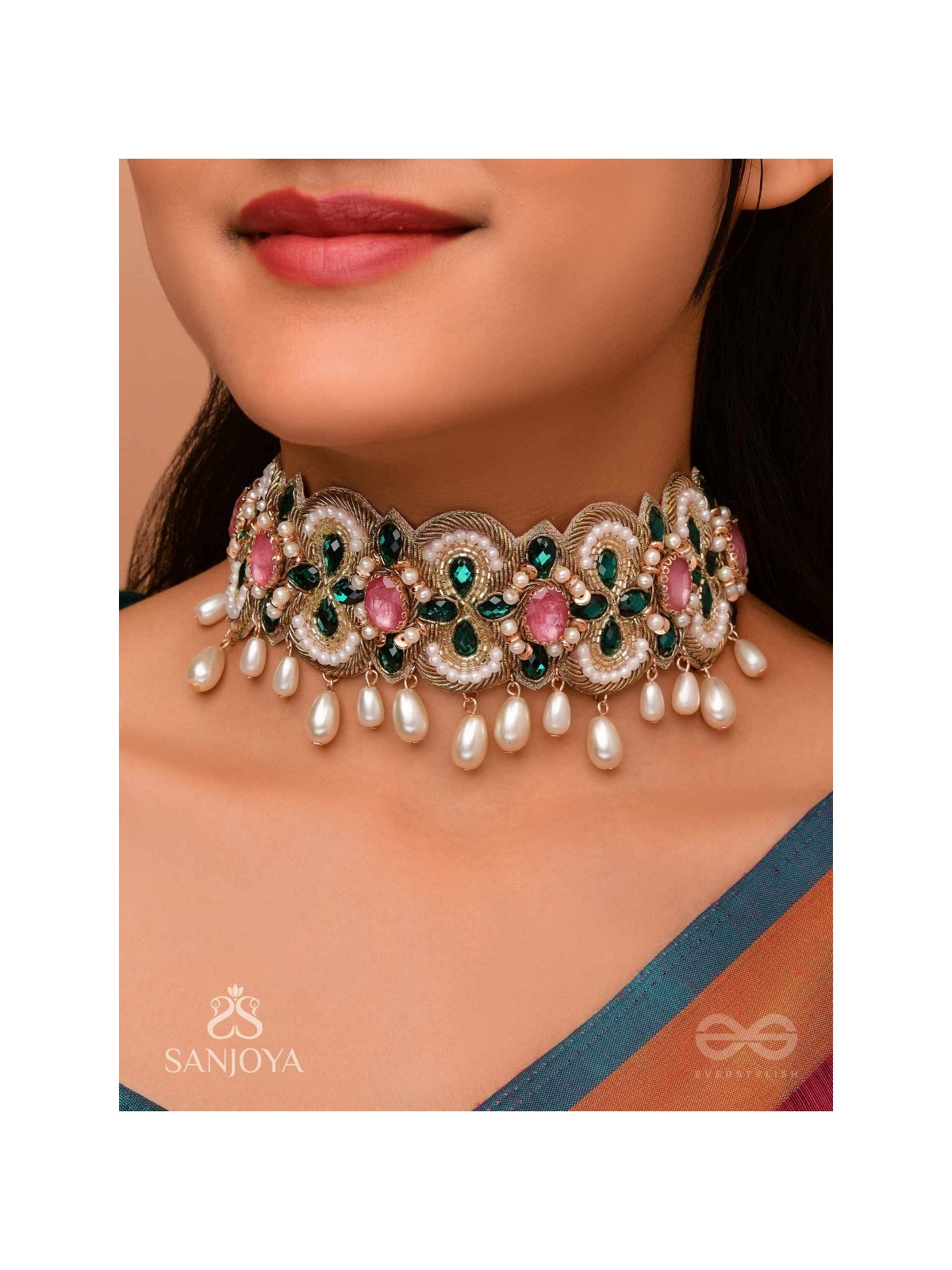 Nalikini - The Emerald Bloom - Stone, Beads And Pearl Drops Hand Embroidered Neckpiece