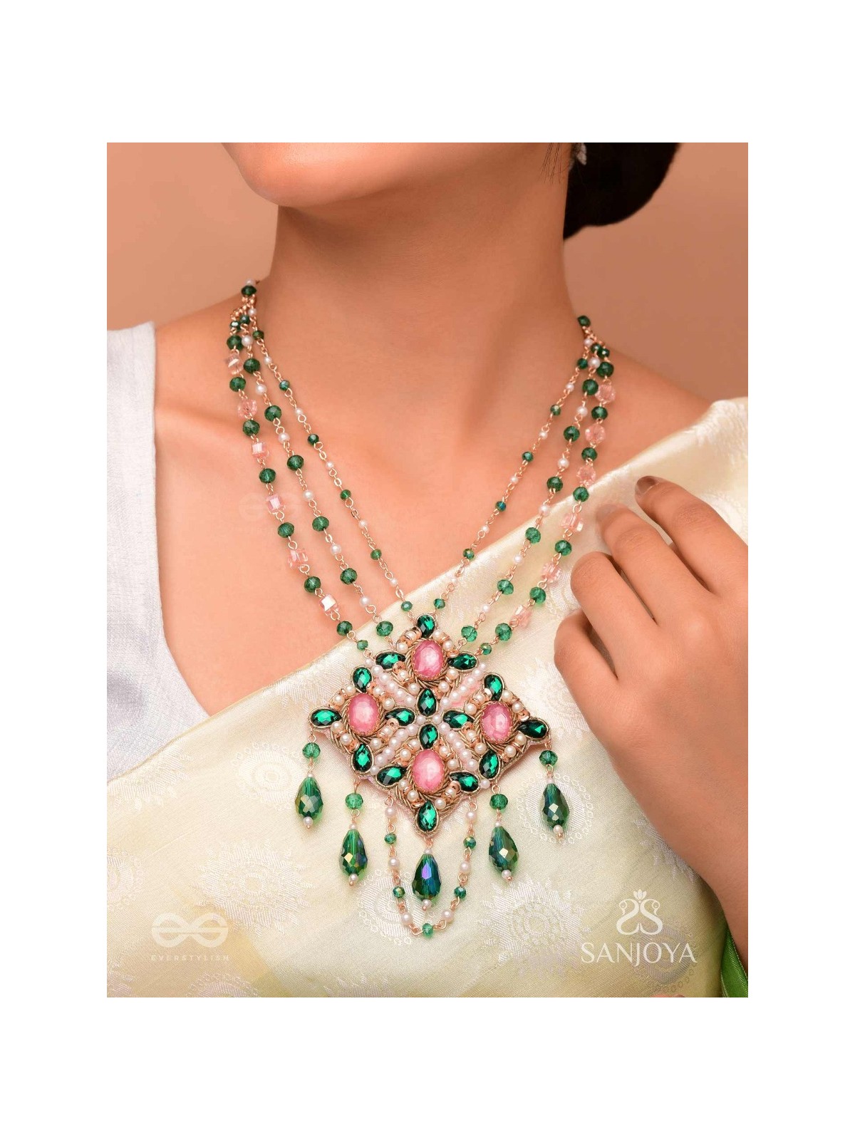 Grismapushpi - Blossoming In Summer - Stone, Beads, Pearls And Glass Drops Hand Embroidered Neckpiece