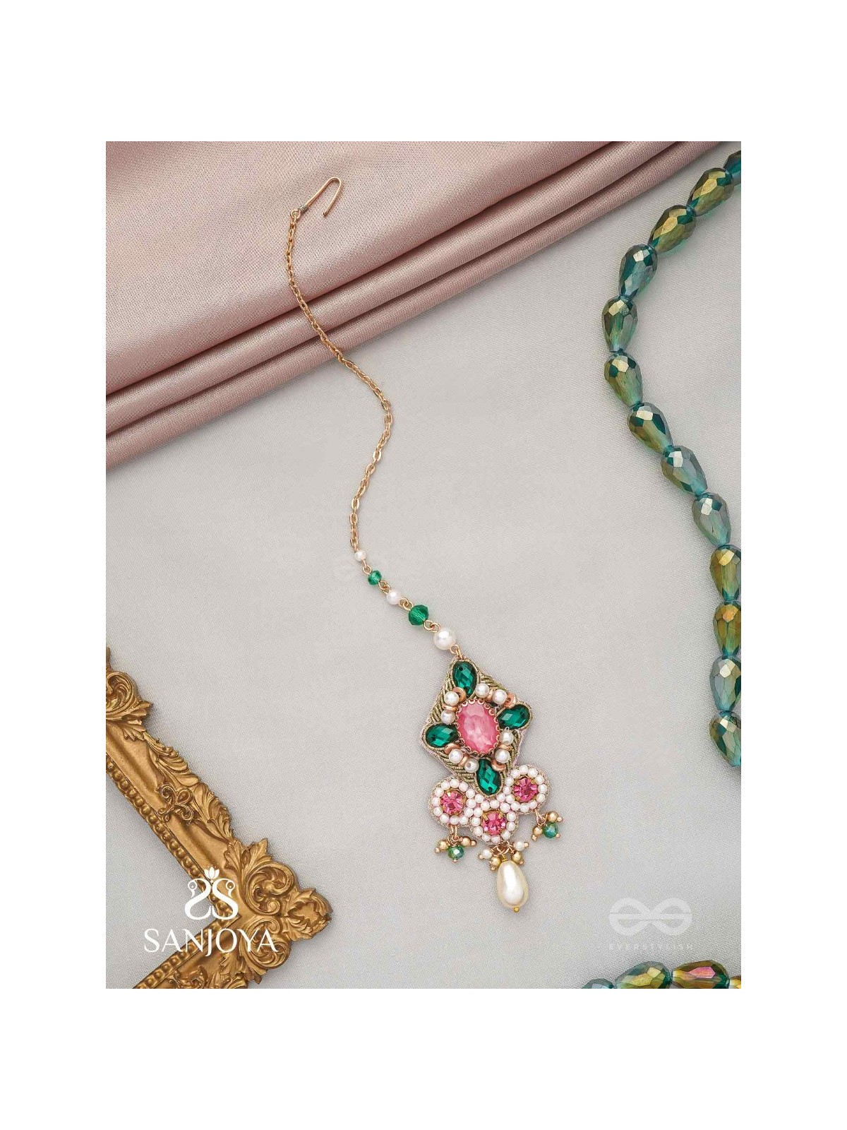 Tamravarna - The Paradise Petals - Stone, Beads And Pearls Hand Embroidered Maangtika