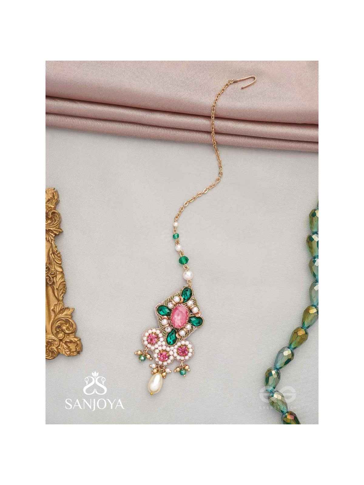 Tamravarna - The Paradise Petals - Stone, Beads And Pearls Hand Embroidered Maangtika