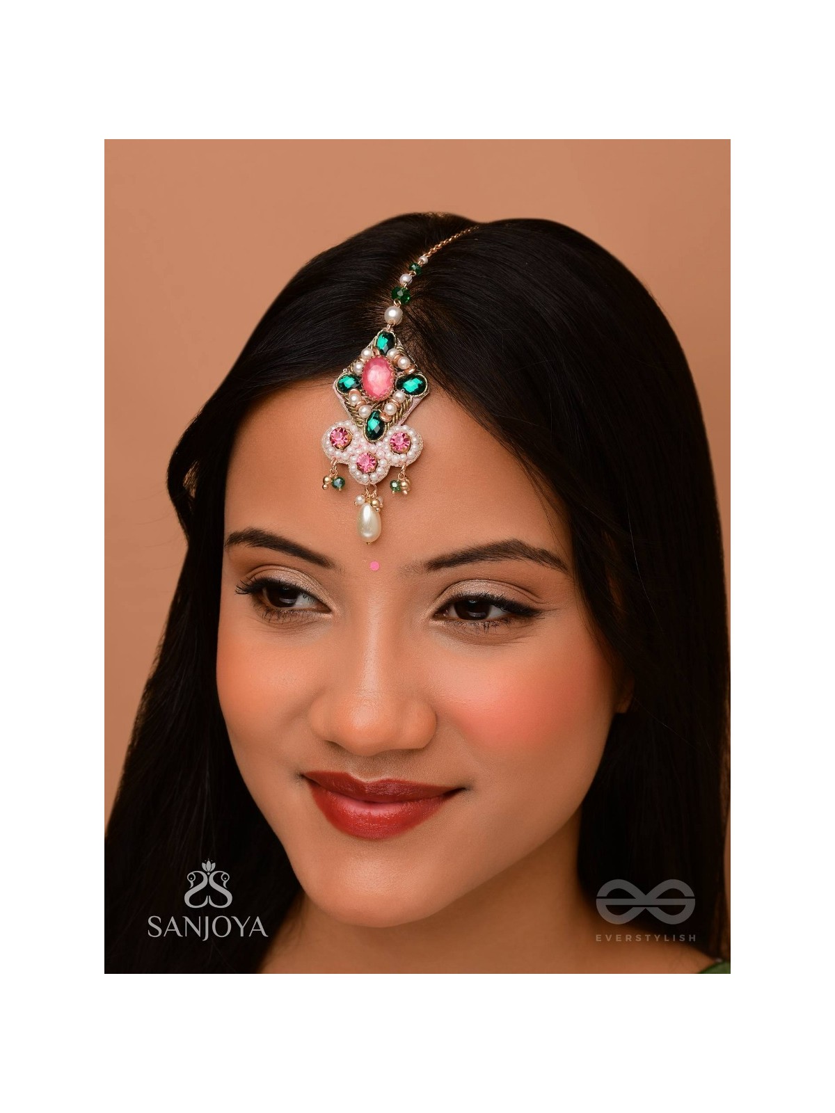 Tamravarna - The Paradise Petals - Stone, Beads And Pearls Hand Embroidered Maangtika