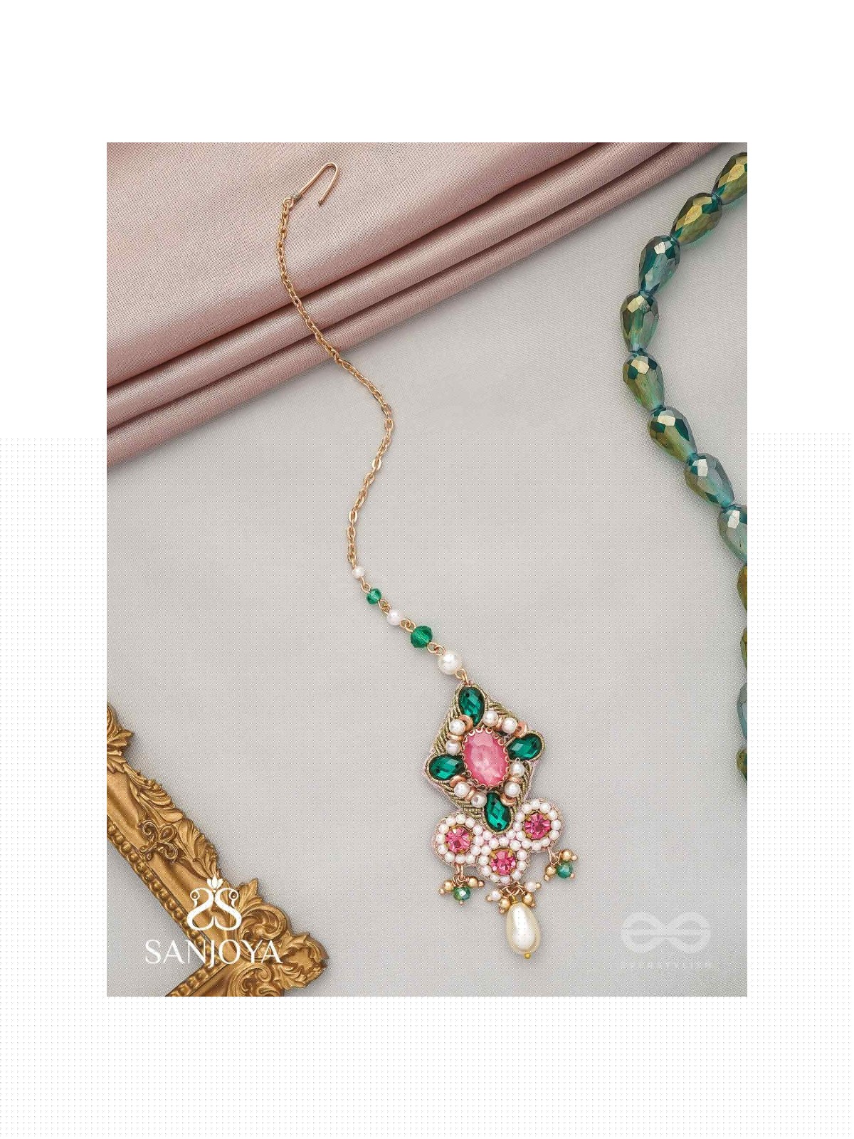 Tamravarna - The Paradise Petals - Stone, Beads And Pearls Hand Embroidered Maangtika