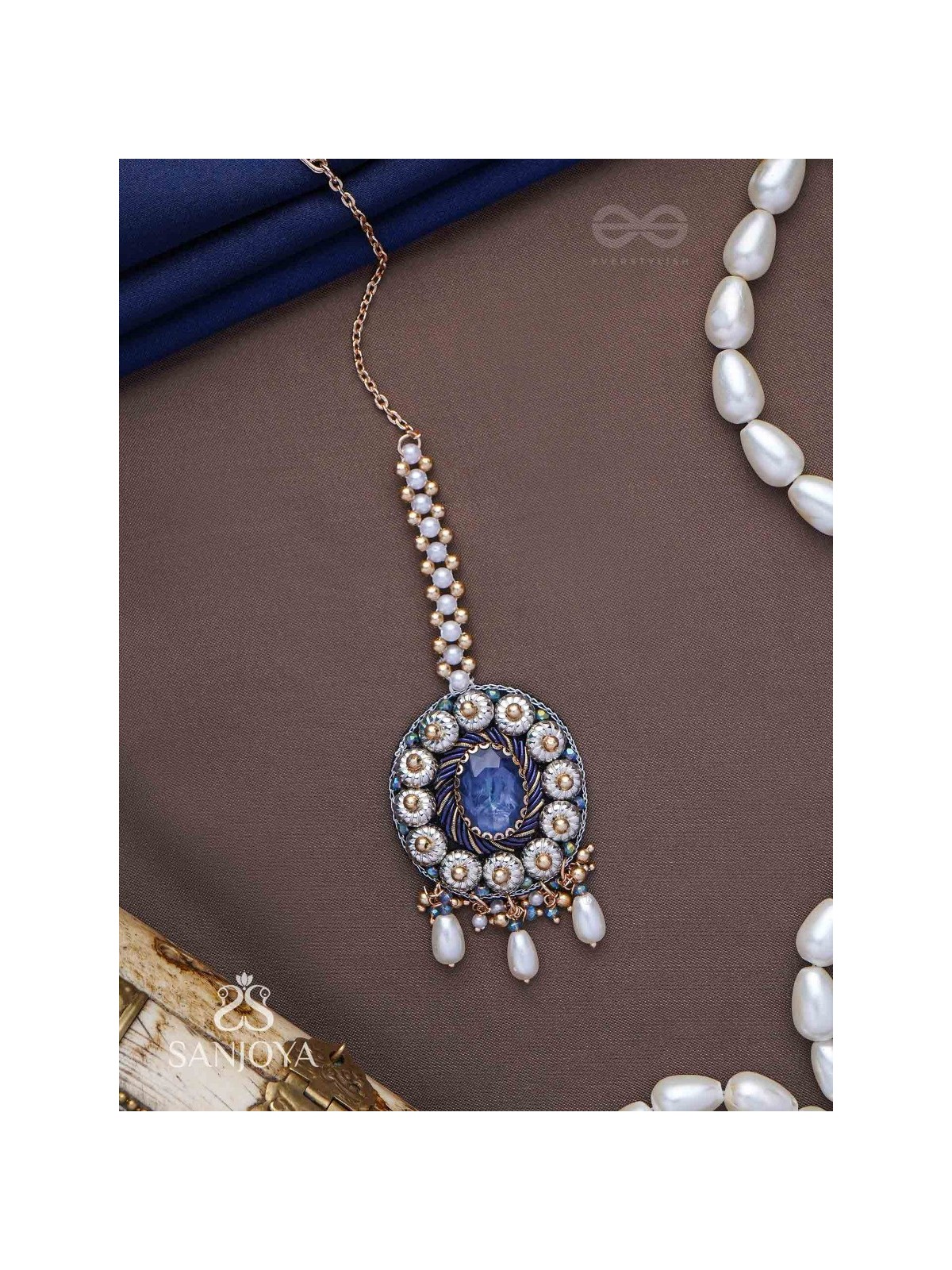 Adhilokam- The Neptune Goddess- Stone, Beads And Pearl Drops Hand Embroidered Maangtika