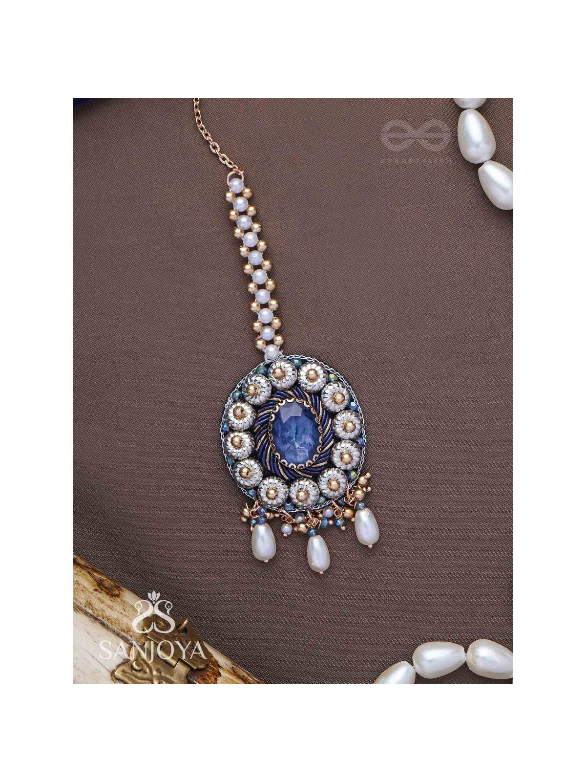 Adhilokam- The Neptune Goddess- Stone, Beads And Pearl Drops Hand Embroidered Maangtika