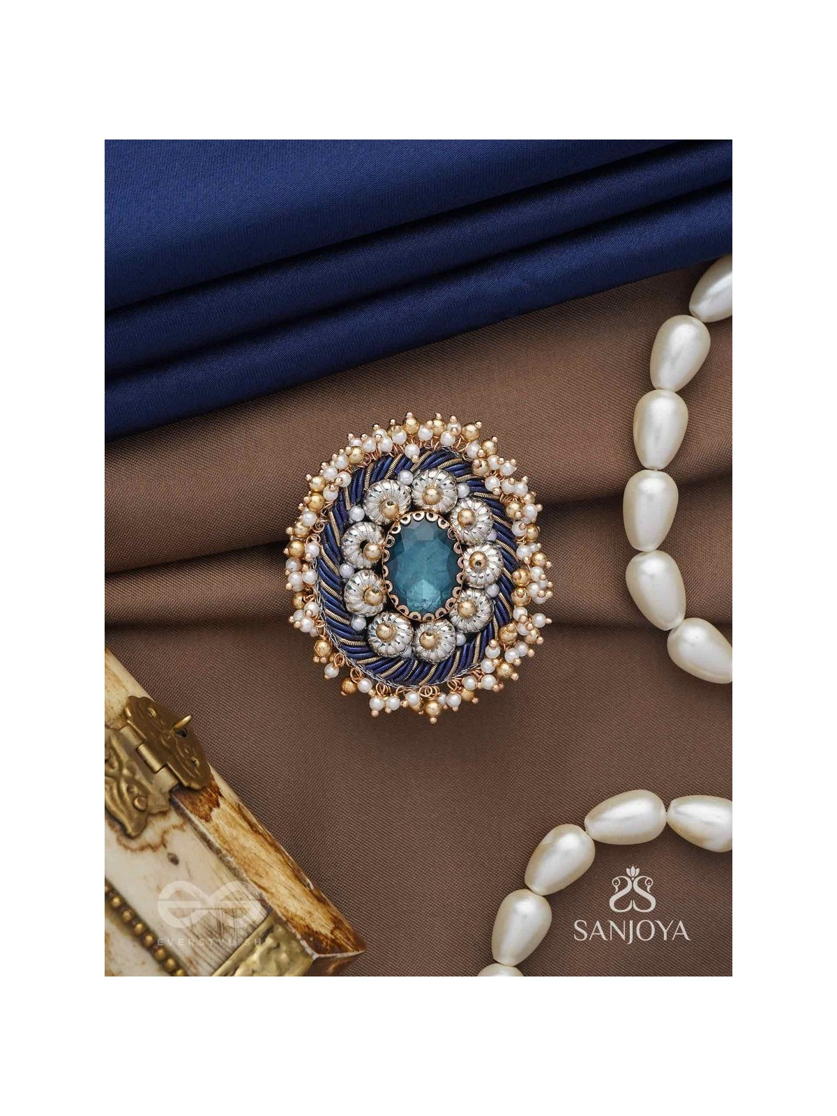 Rajiva - Deep Sea Dream - Stone And Beads Hand Embroidered Ring