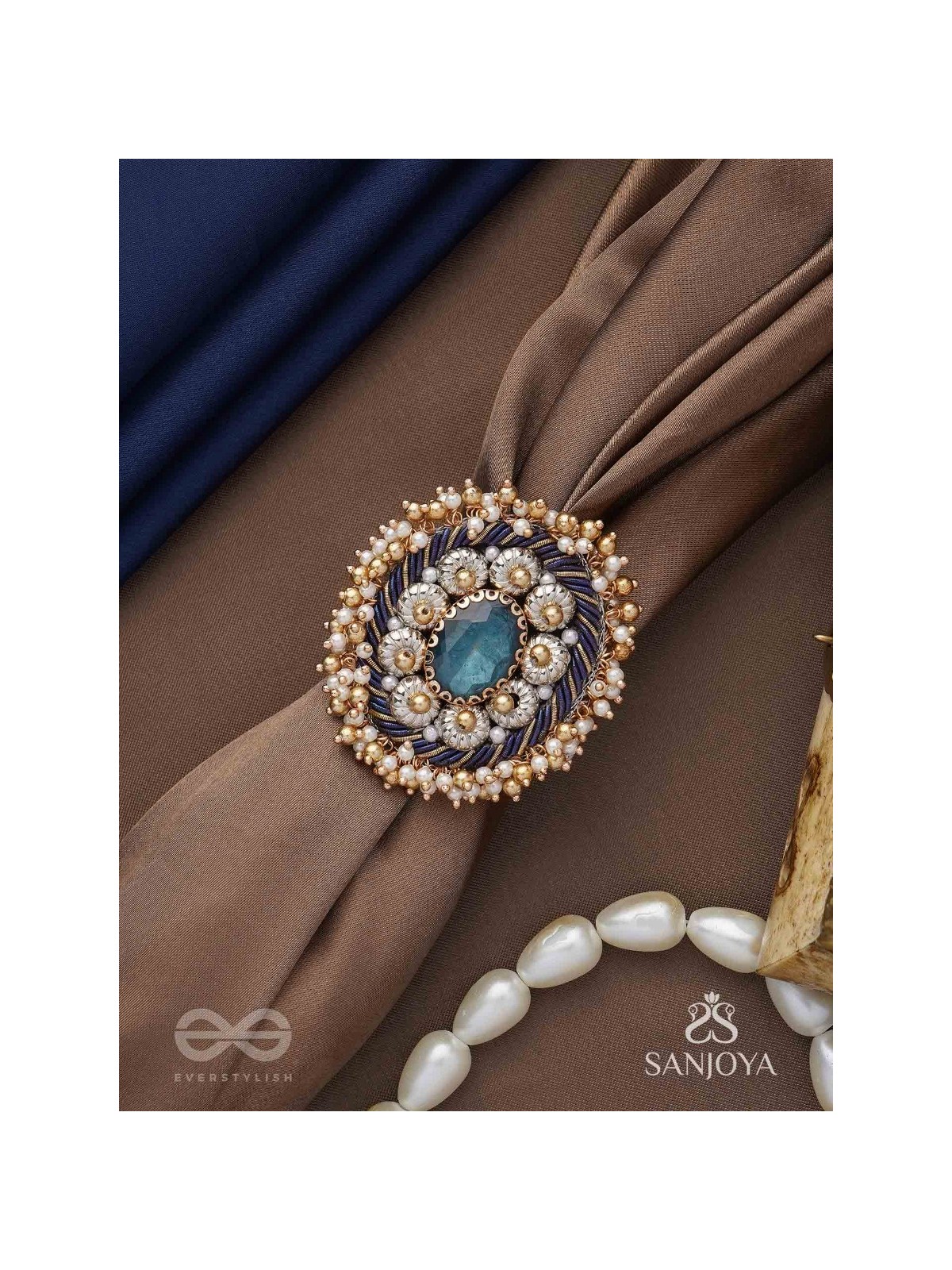 Rajiva - Deep Sea Dream - Stone And Beads Hand Embroidered Ring